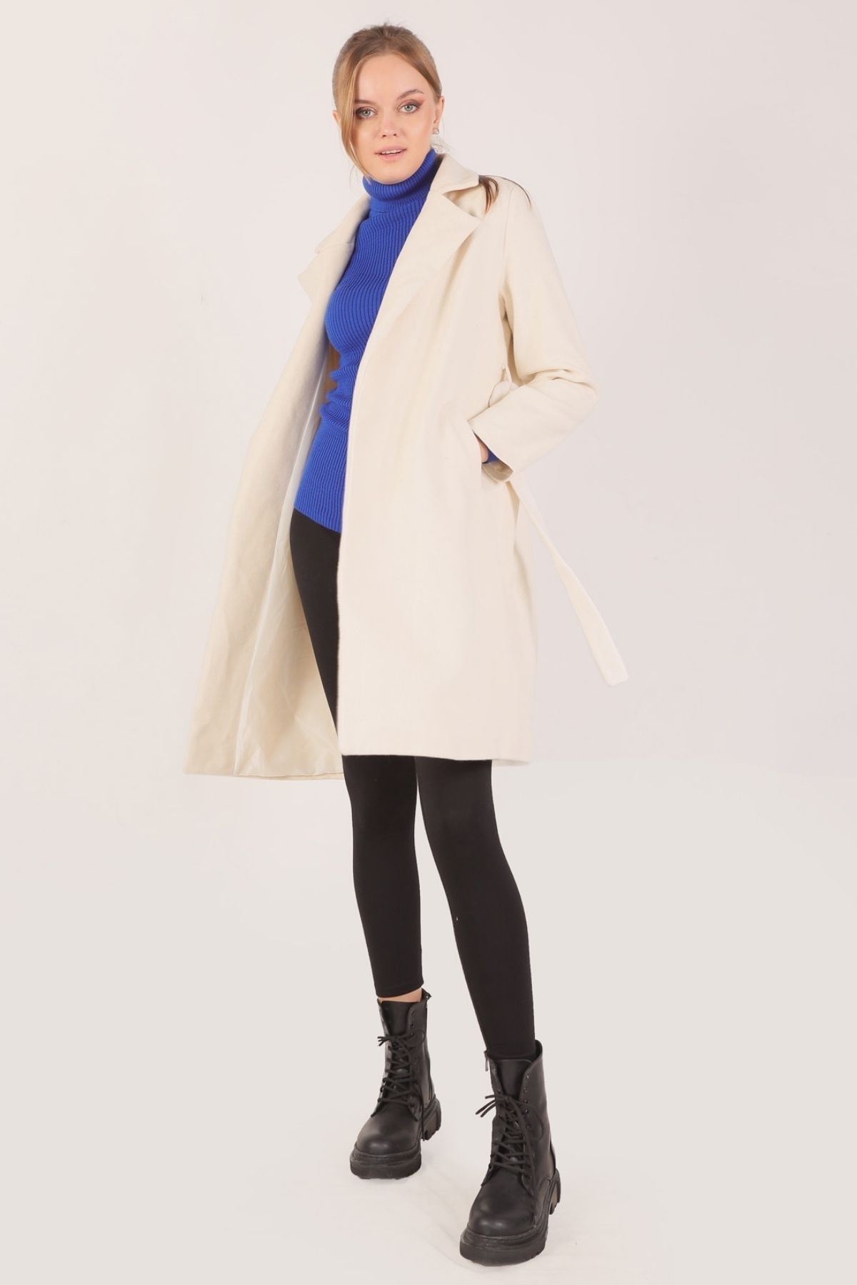 Taş Kemerli İçi Astarlı Uzun Kaşe Kaban TCR-7149A - 3