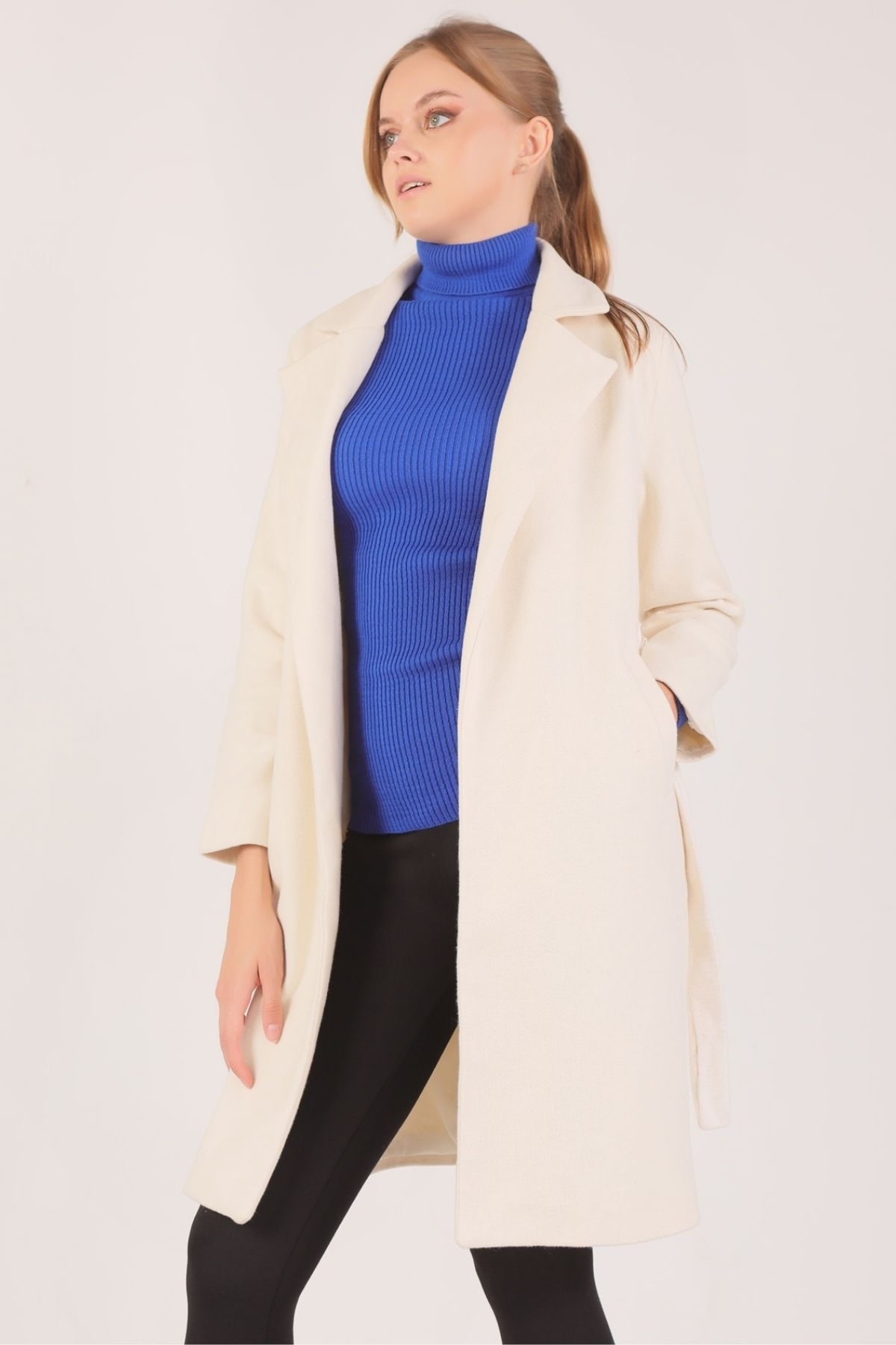 Taş Kemerli İçi Astarlı Uzun Kaşe Kaban TCR-7149A - 5