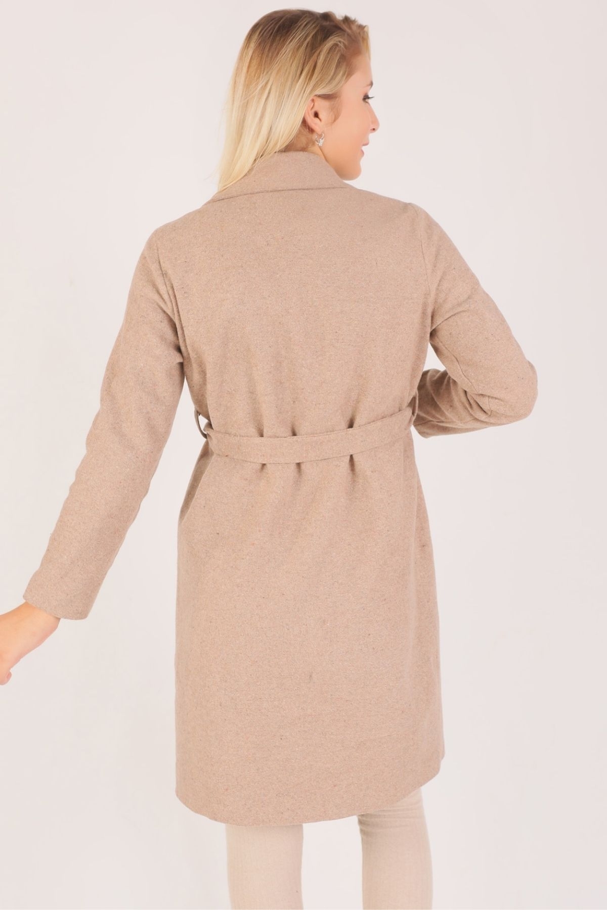 Vizon Kemerli İçi Astarlı Uzun Kaşe Kaban TCR-7149A - 2