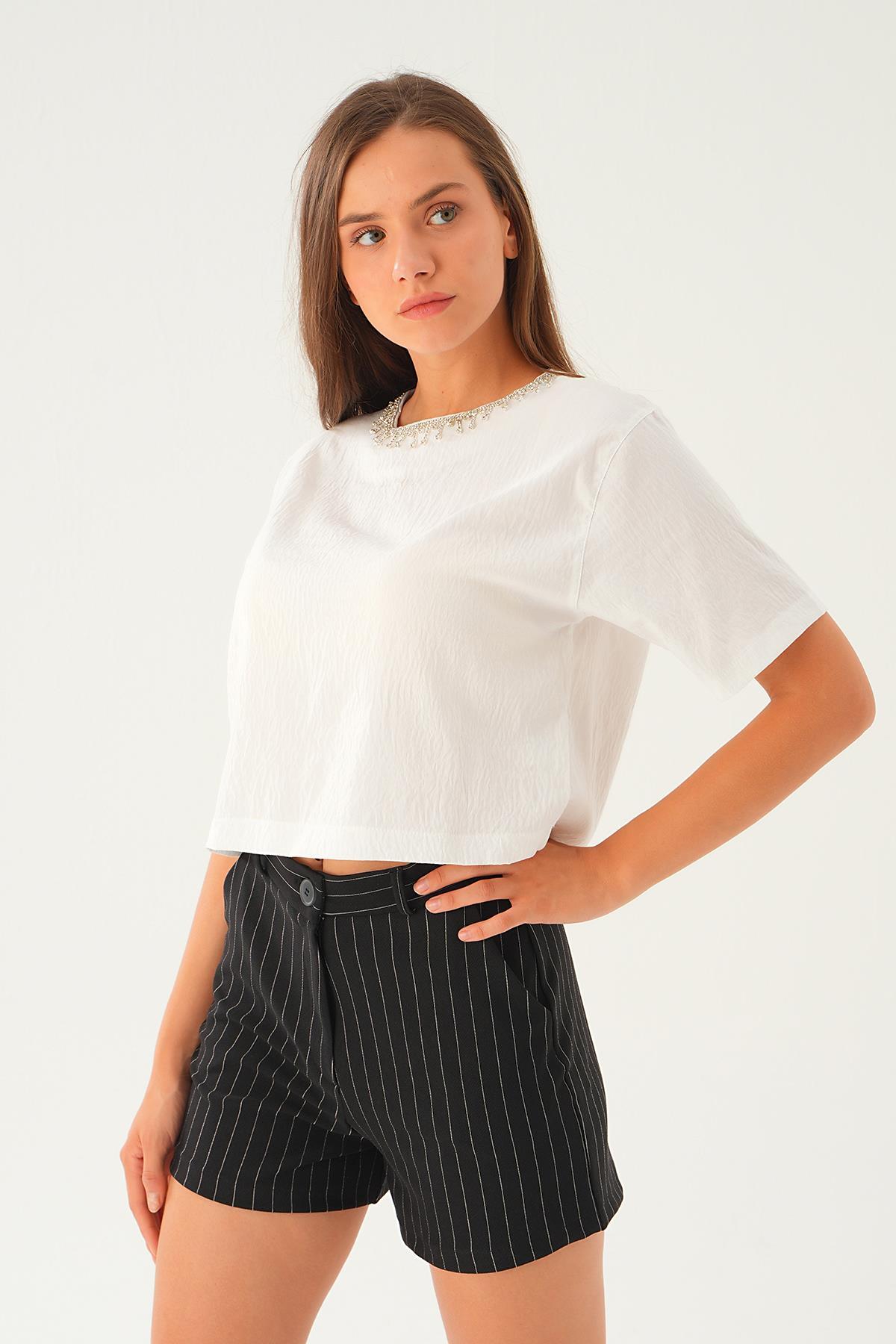 71509 Taş Detay Tişört Ekru - 3