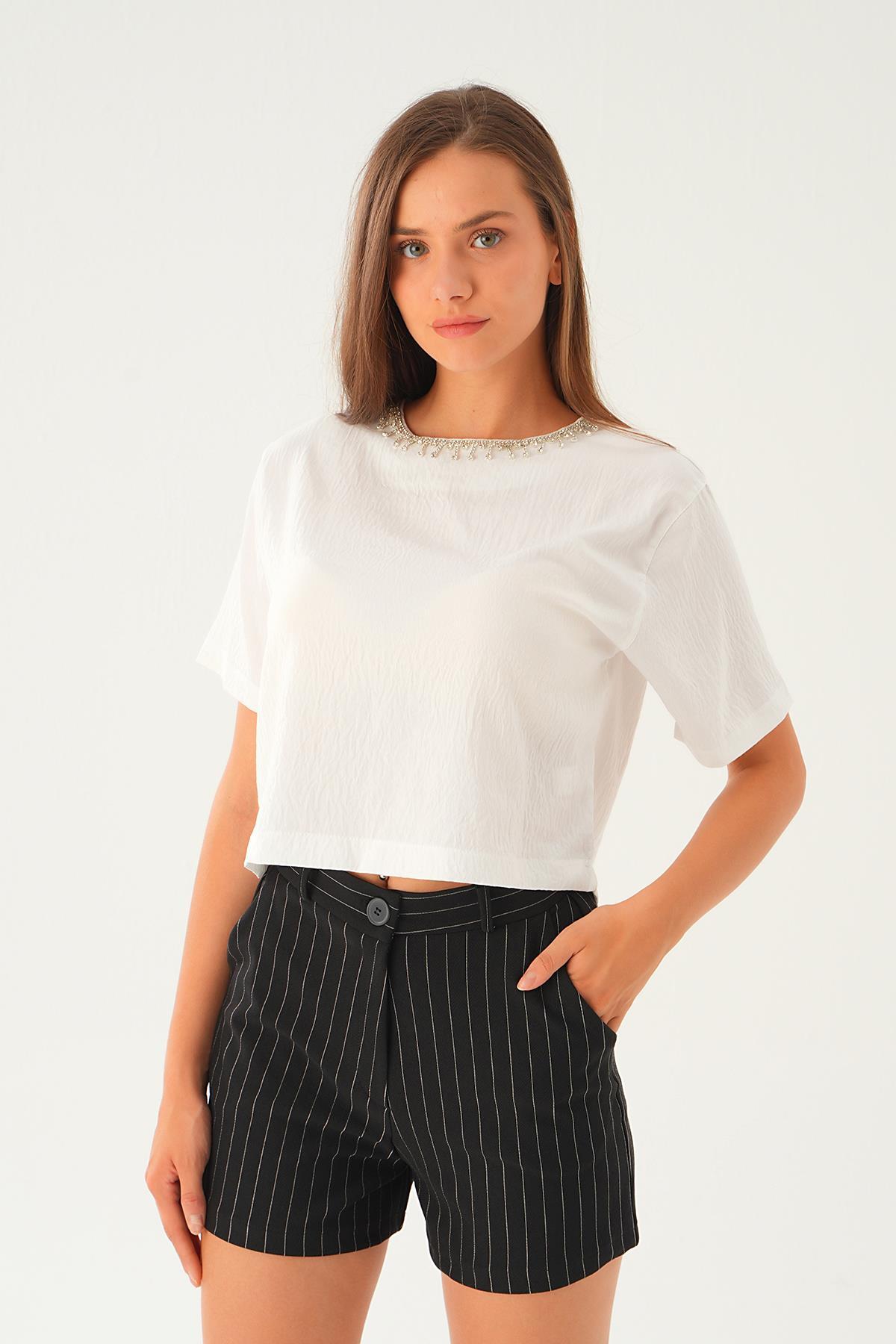 71509 Taş Detay Tişört Ekru 