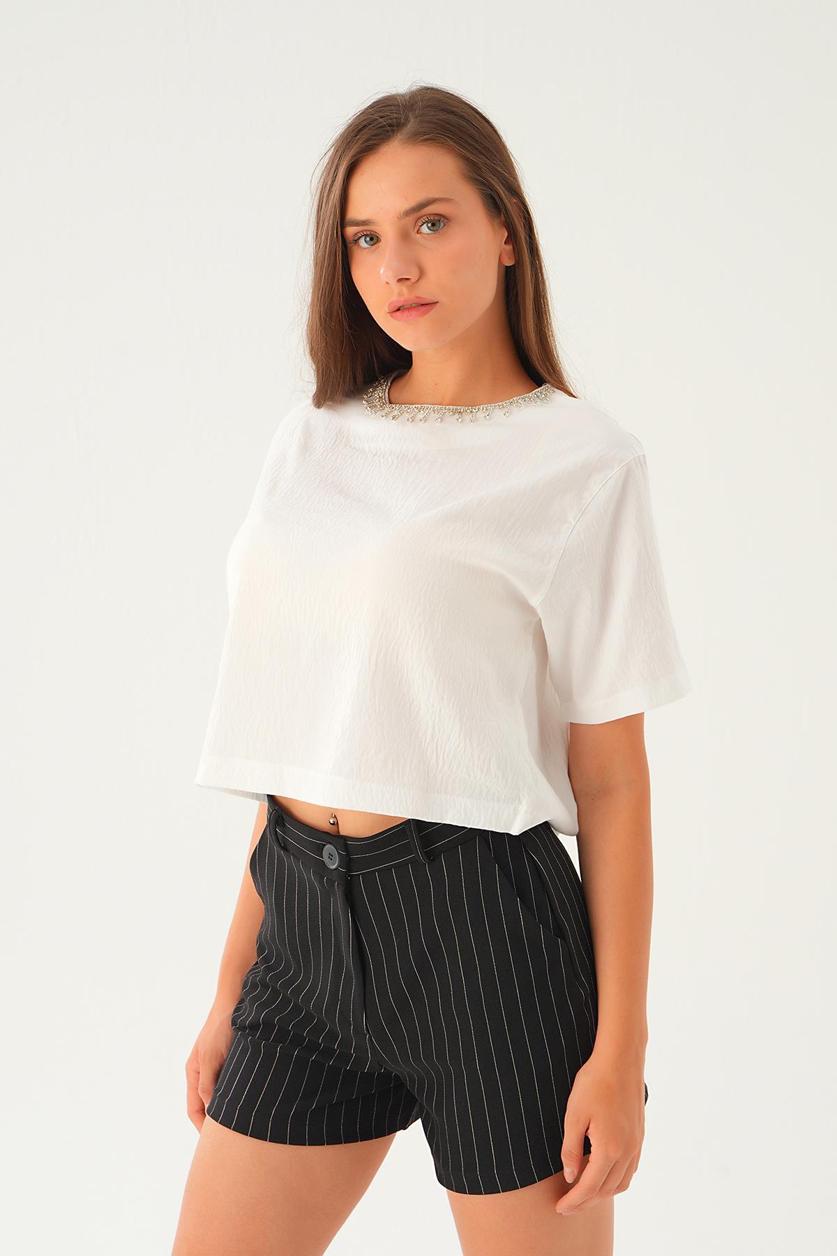 Ekru Taş Detay Tişört 71509 - 4