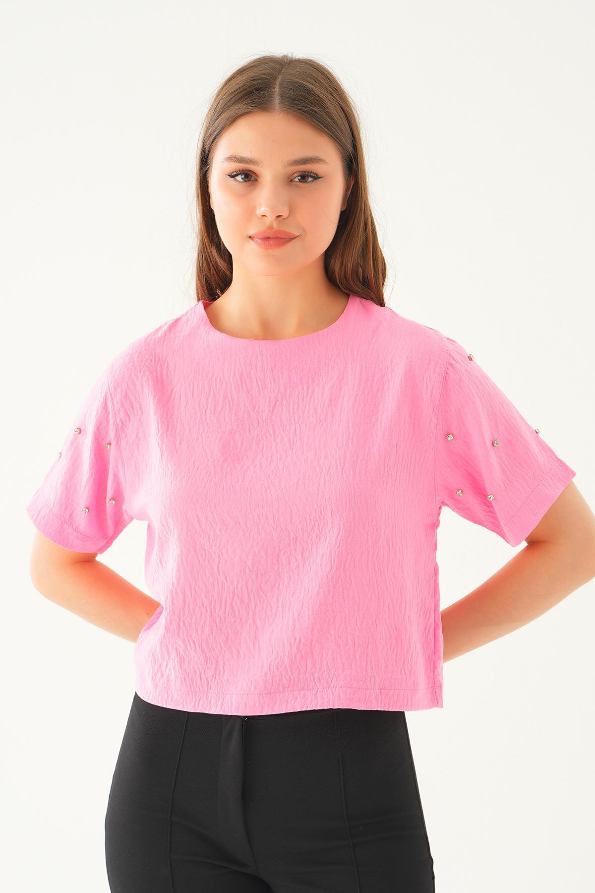 71511 Kol İnci Detay Bluz Pembe 