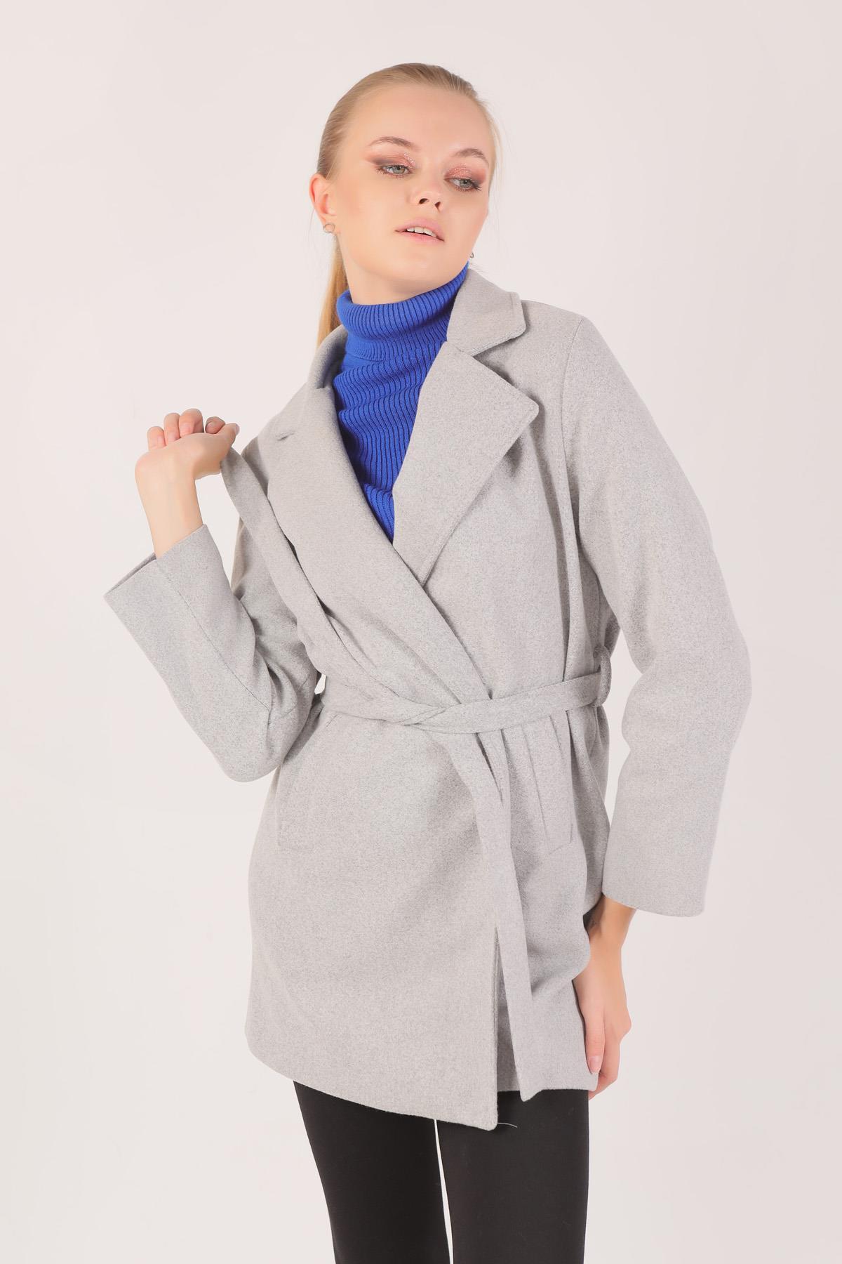 7194A Kuşaklı Kaşe Kaban Gri - 1
