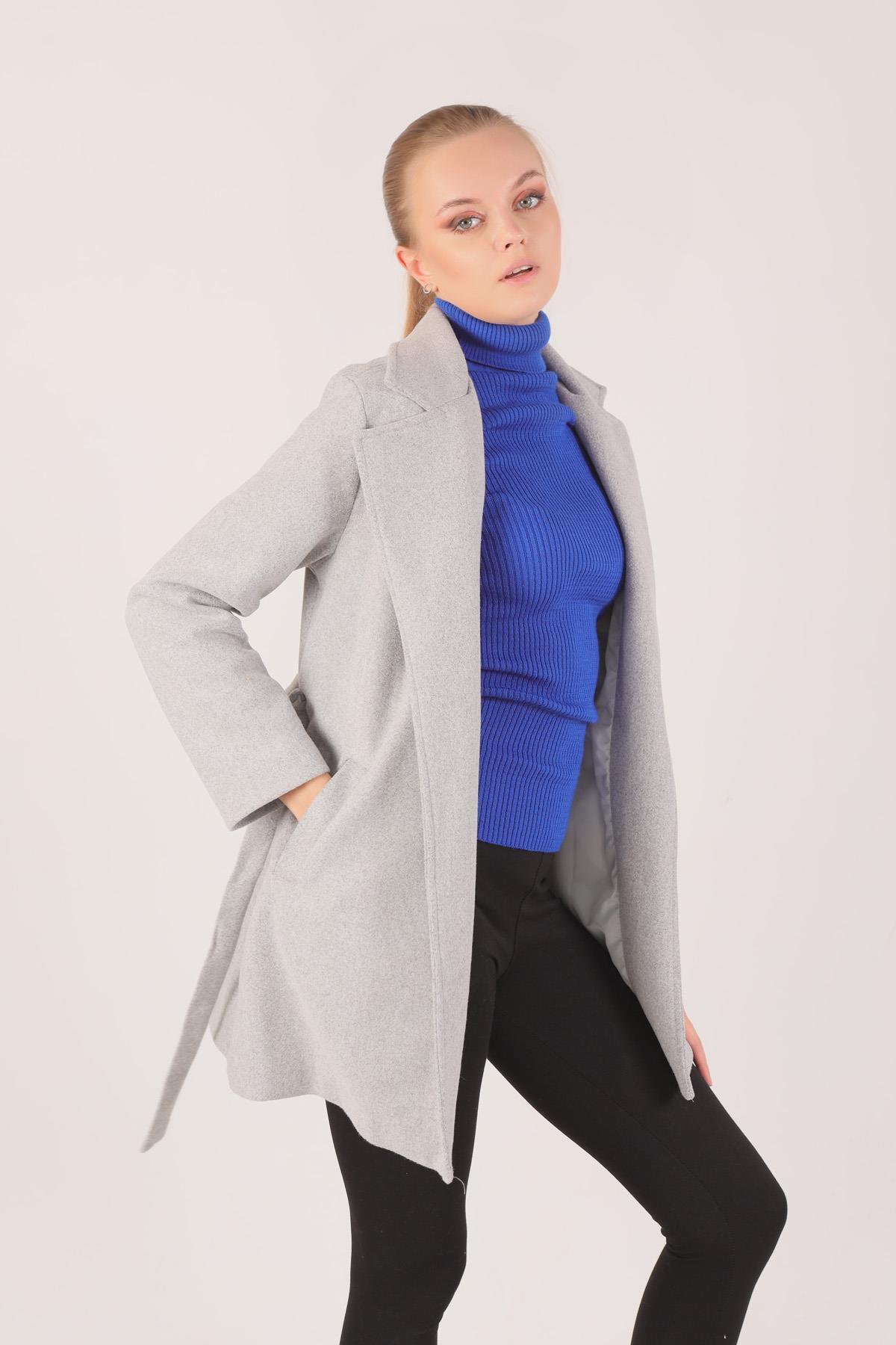 7194A Kuşaklı Kaşe Kaban Gri - 6