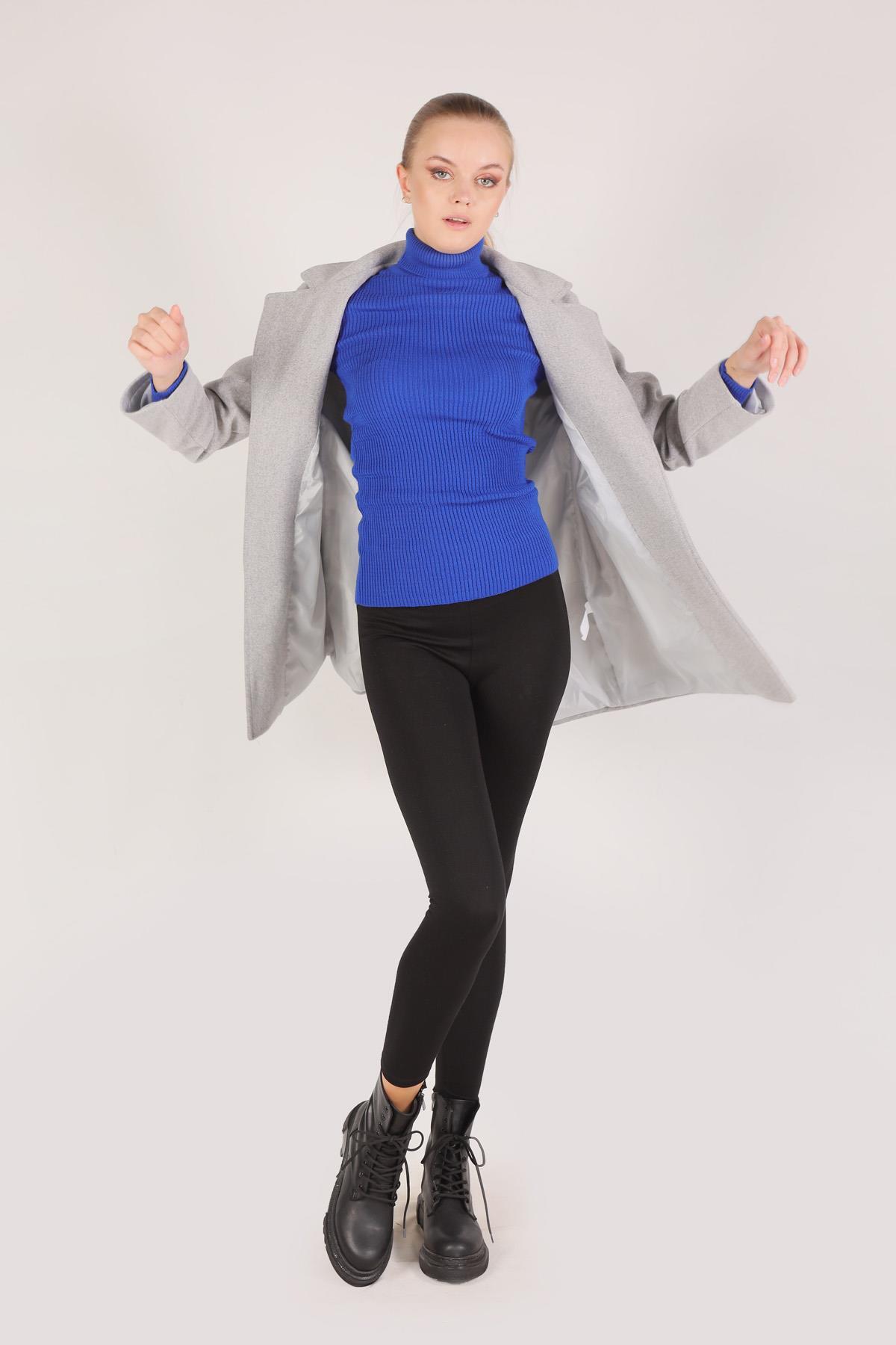 7194A Kuşaklı Kaşe Kaban Gri - 3