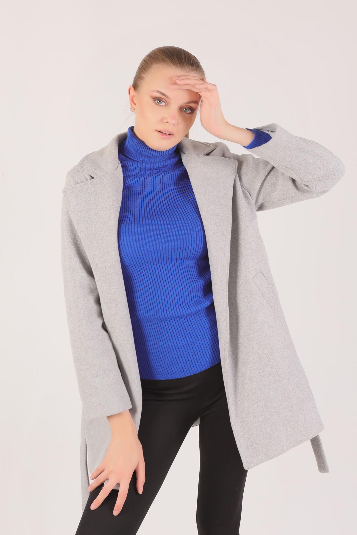 Gri Kuşaklı Kaşe Kaban 7194A - 5