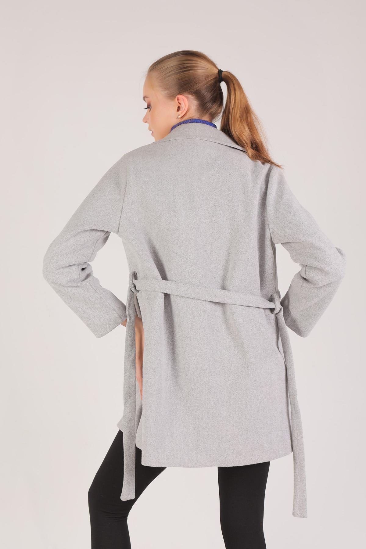 Gri Kuşaklı Kaşe Kaban 7194A - 7