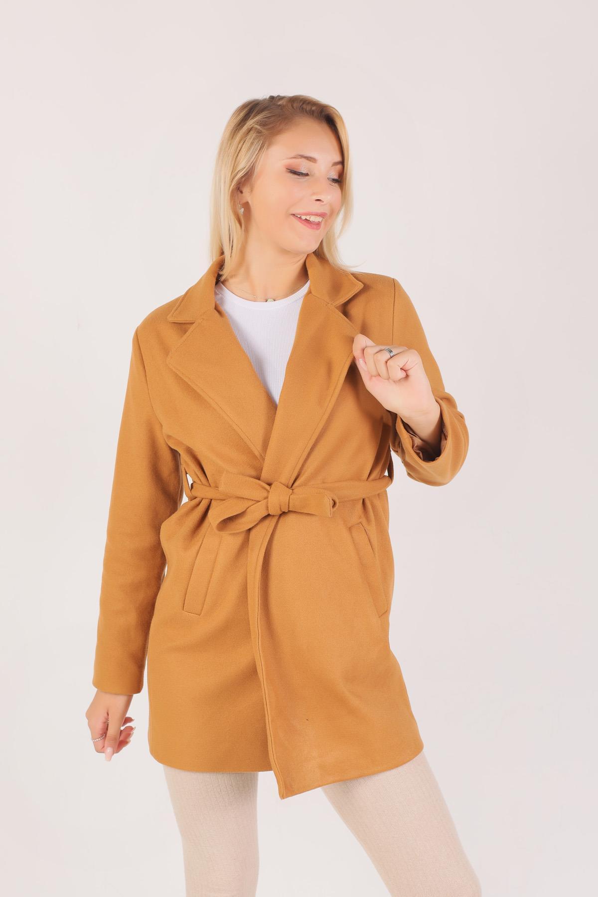 7194A Kuşaklı Kaşe Kaban Vizon 