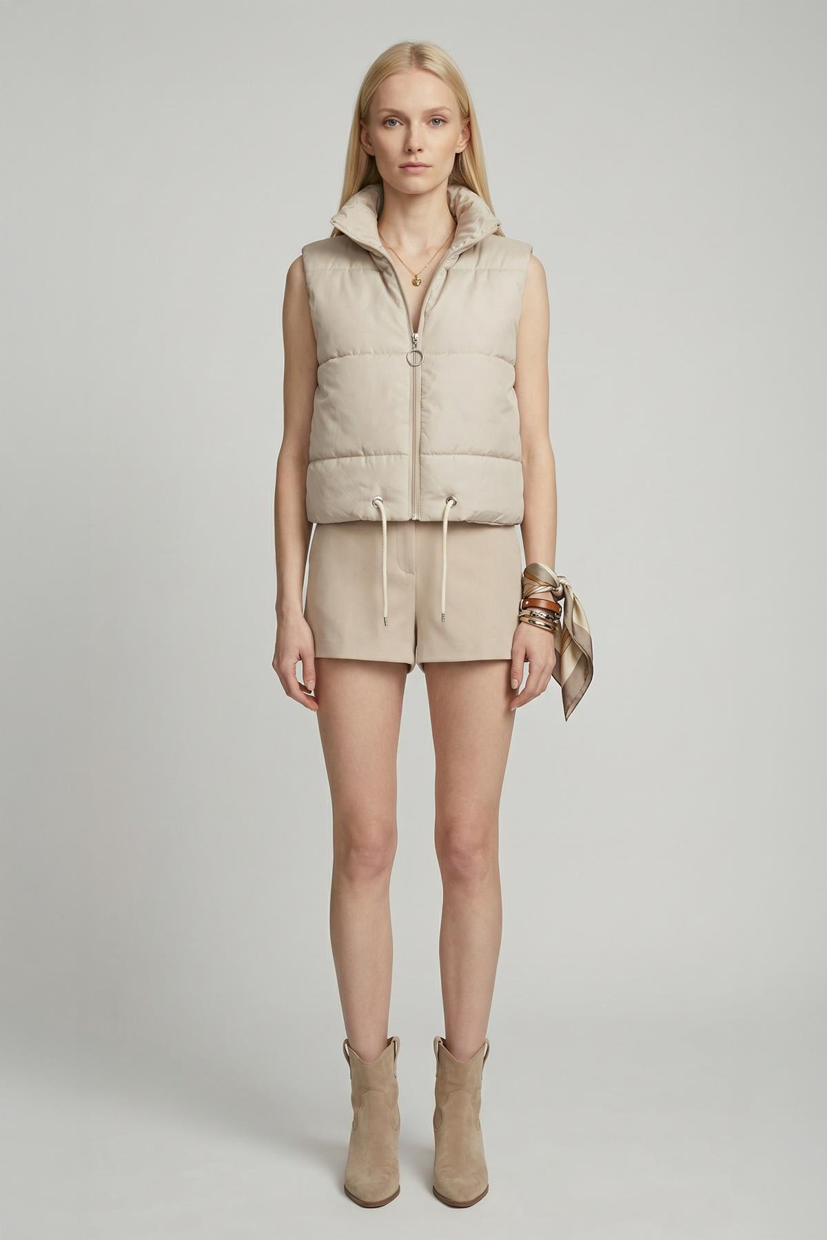 7200 Sıfır Kol Fermuarlı Yelek Bej - 1