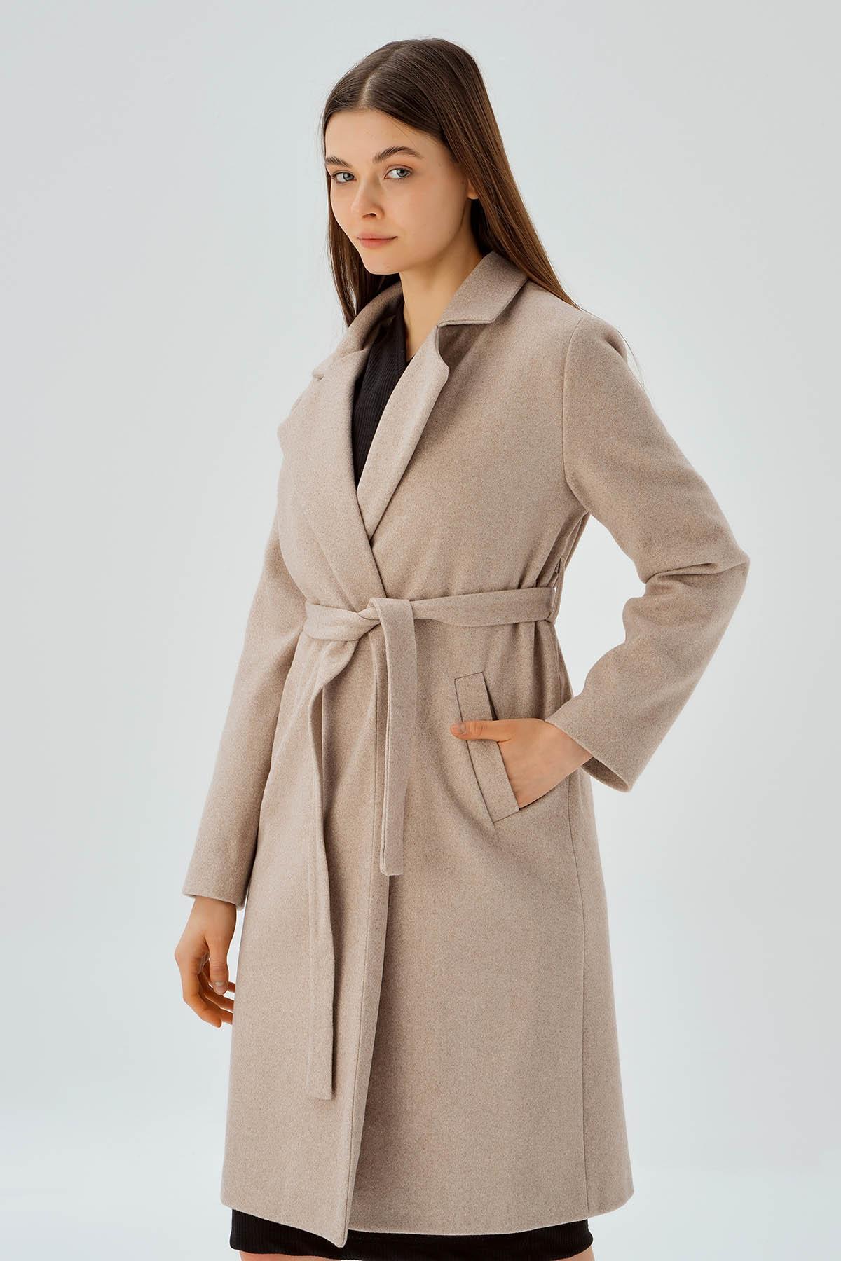 7218A Belden Bağlamalı Kaşe Kaban Camel - 3