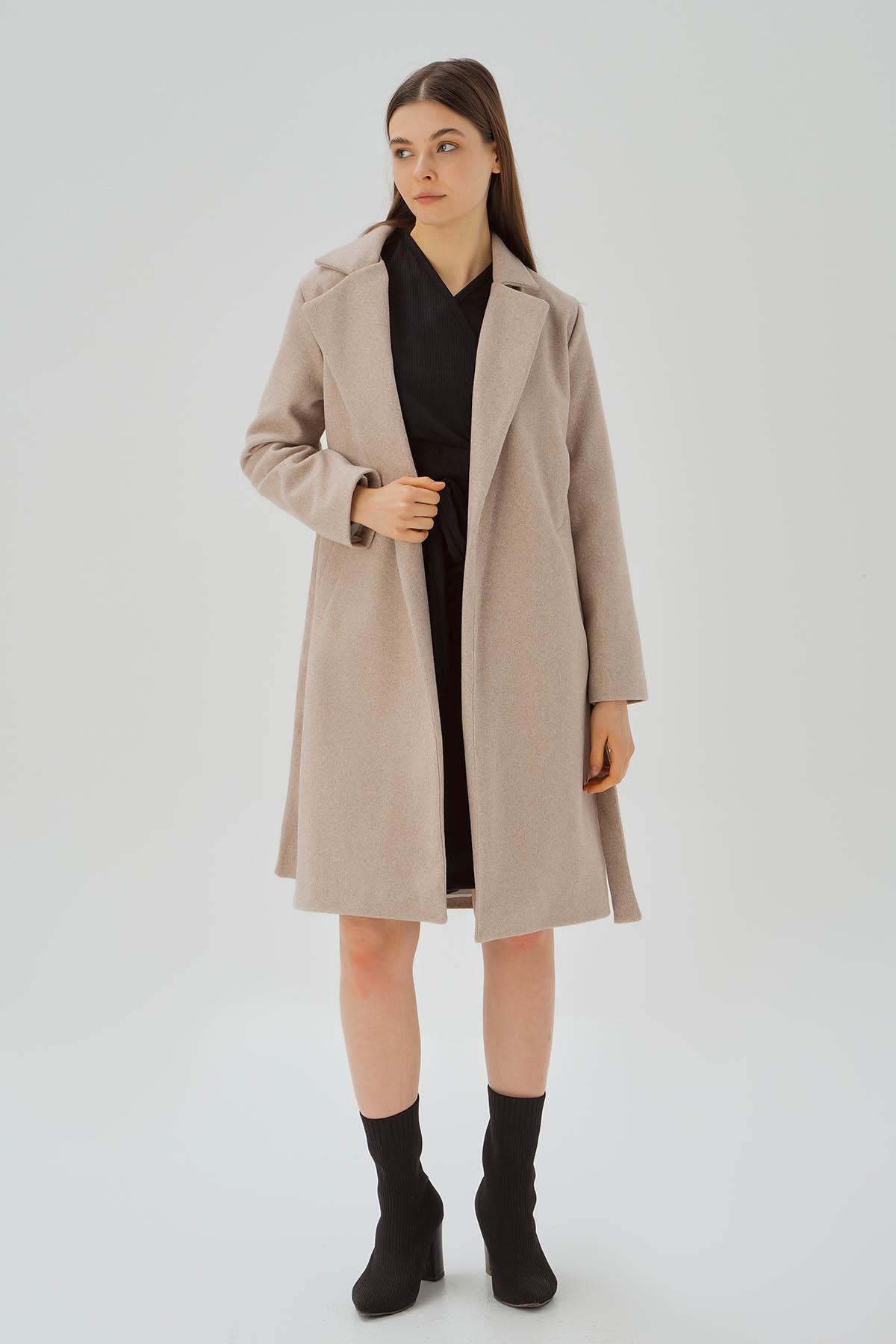 7218A Belden Bağlamalı Kaşe Kaban Camel - 2