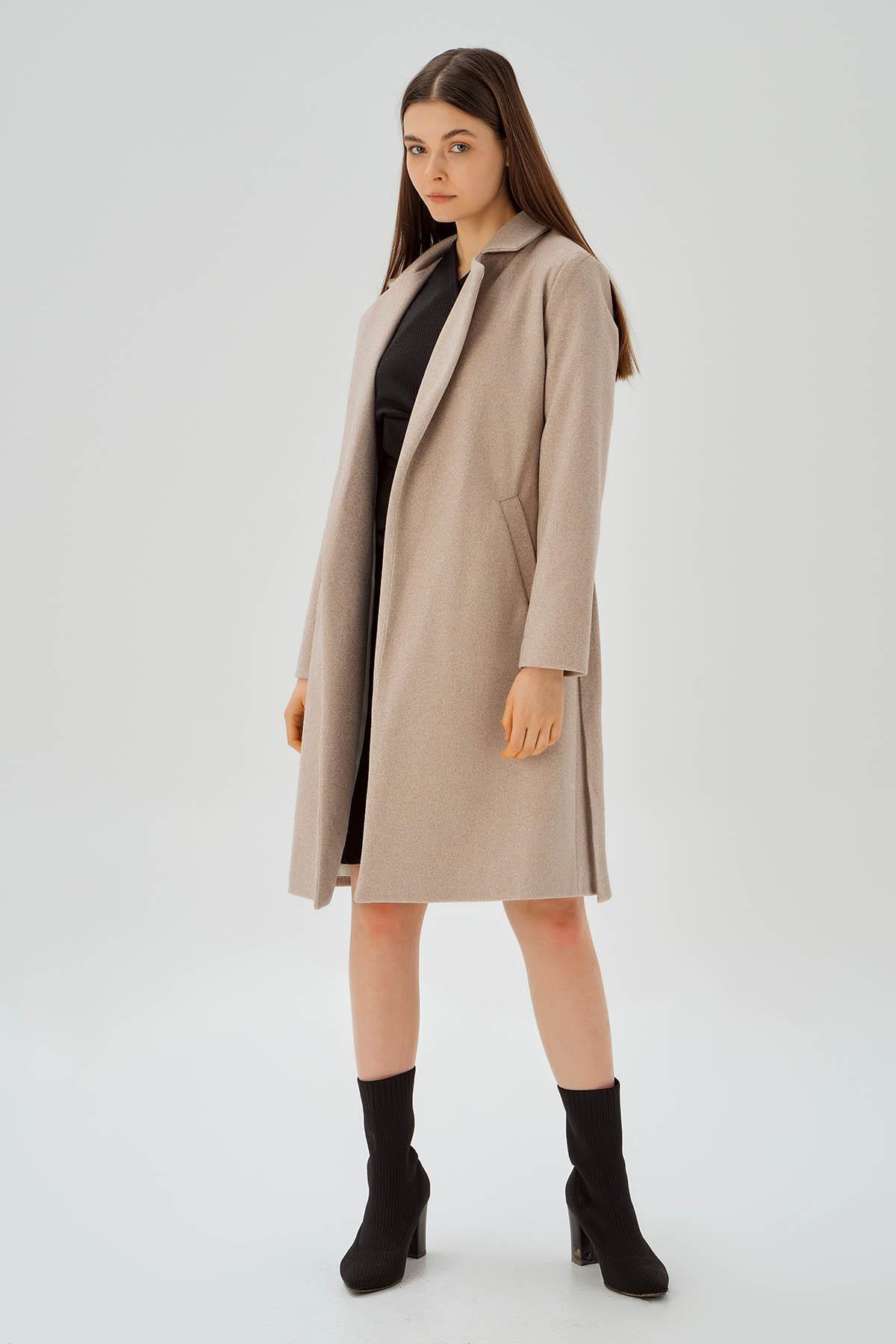 Camel Belden Bağlamalı Kaşe Kaban 7218A - 1