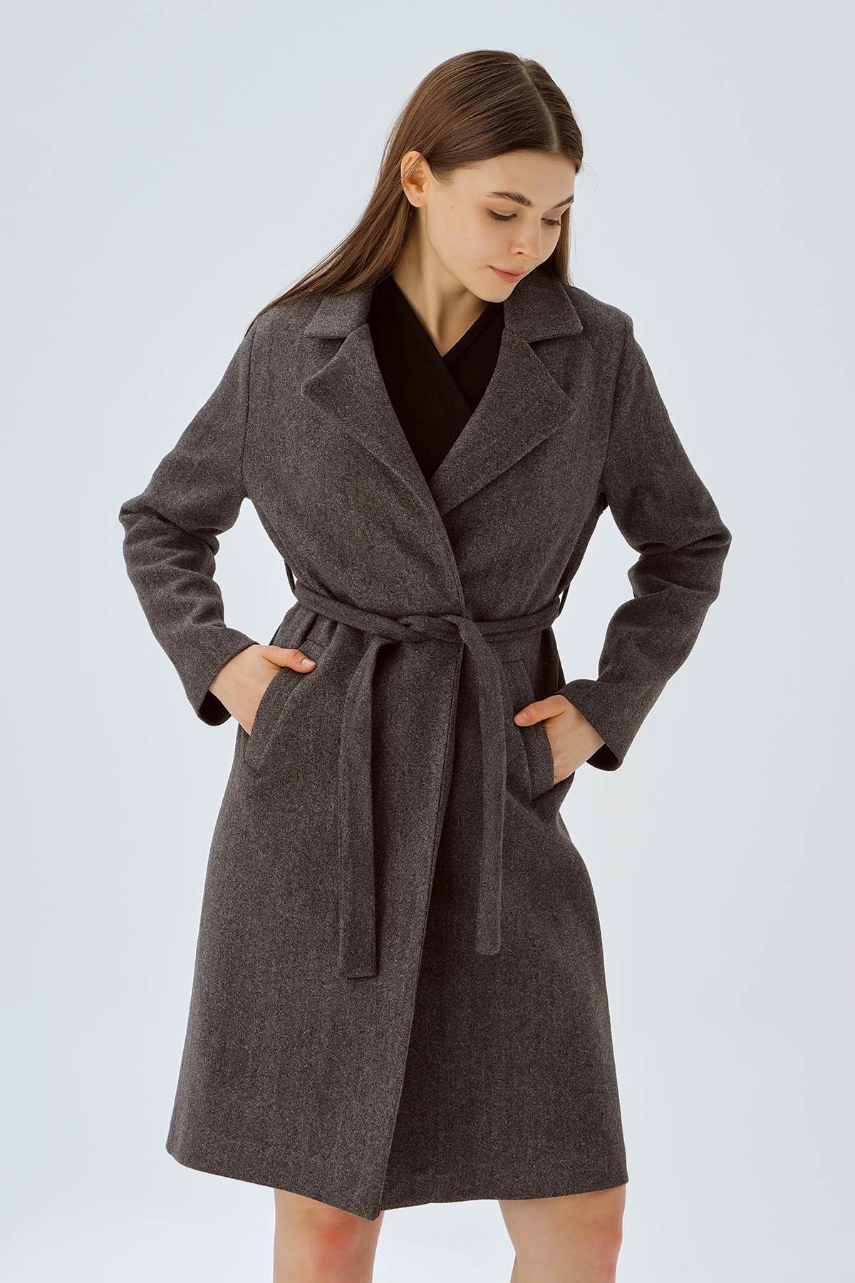 7218A Belden Bağlamalı Kaşe Kaban Füme - 4