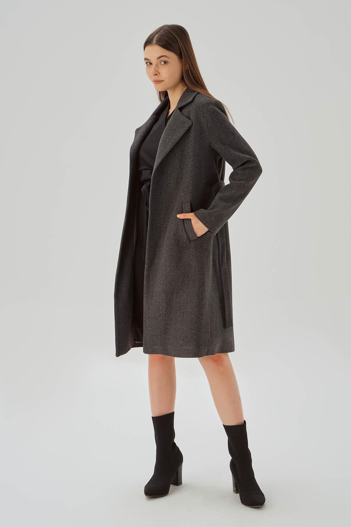 7218A Belden Bağlamalı Kaşe Kaban Füme 