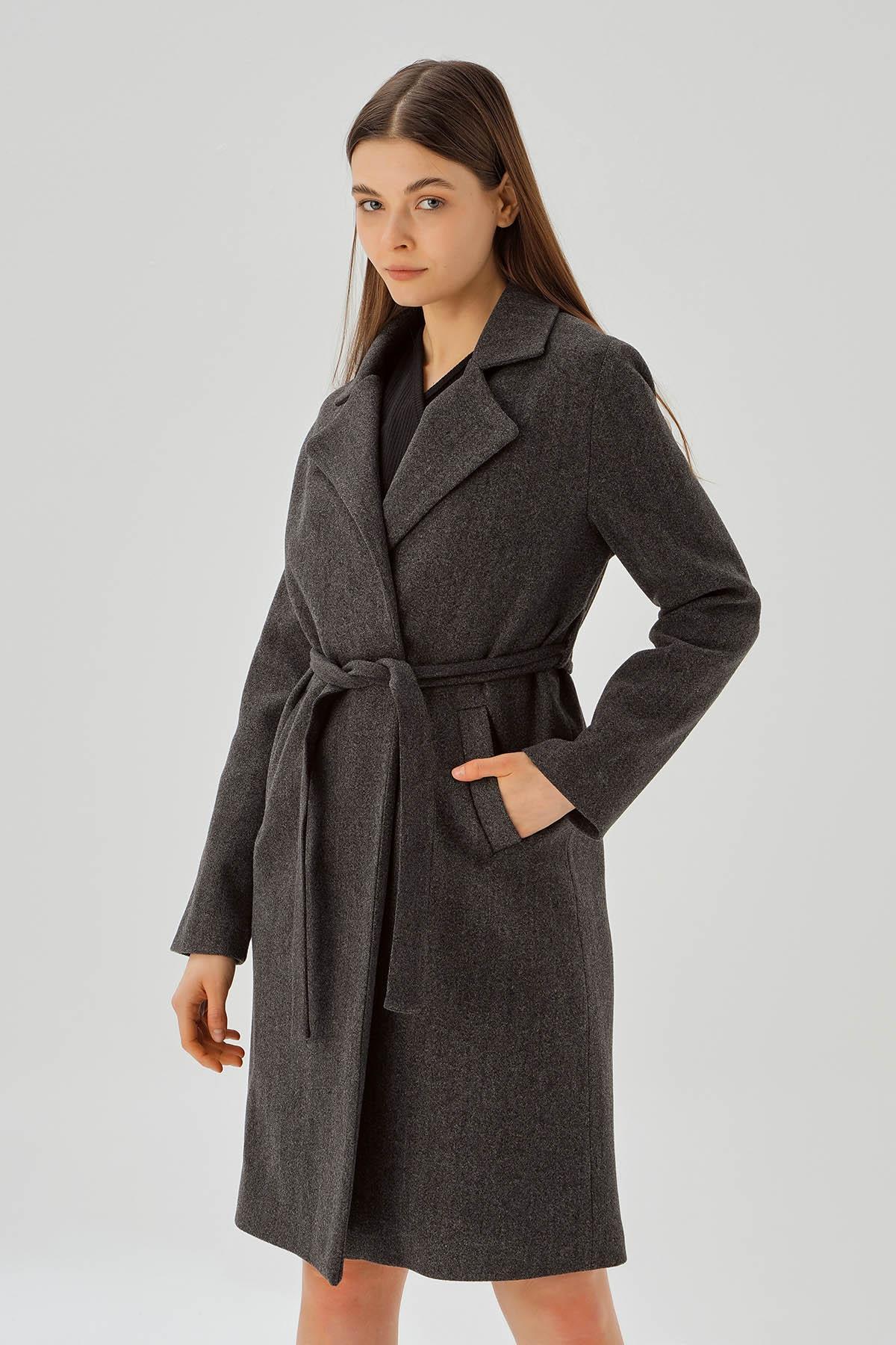 7218A Belden Bağlamalı Kaşe Kaban Füme - 3