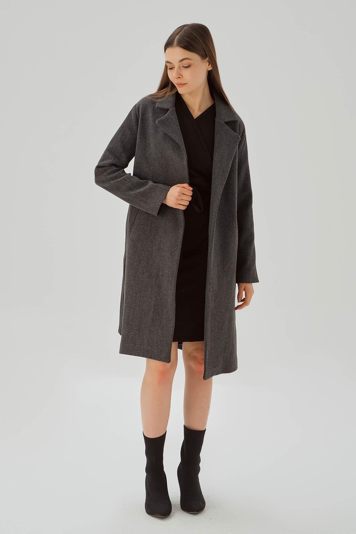 Füme Belden Bağlamalı Kaşe Kaban 7218A - 2