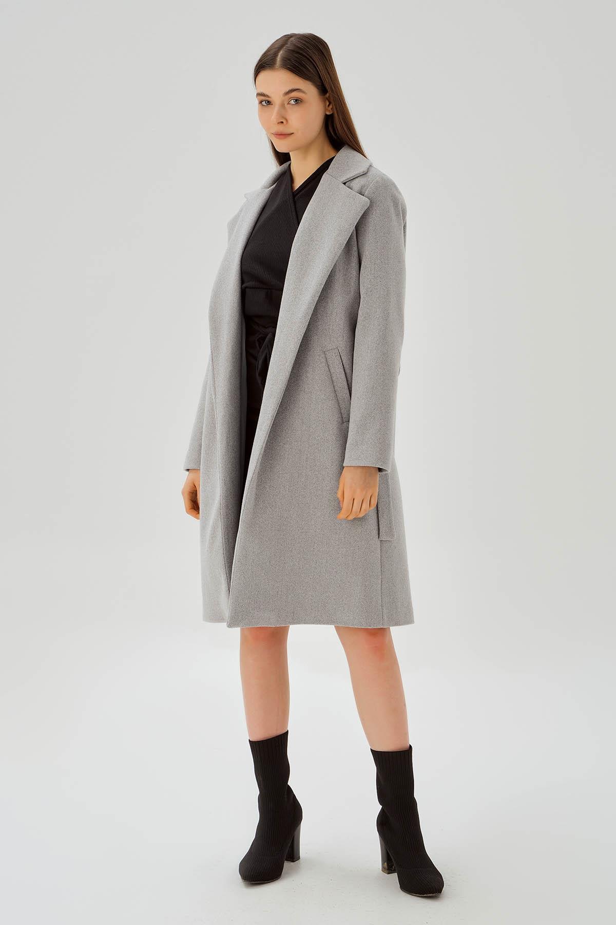 7218A Belden Bağlamalı Kaşe Kaban Gri - 1