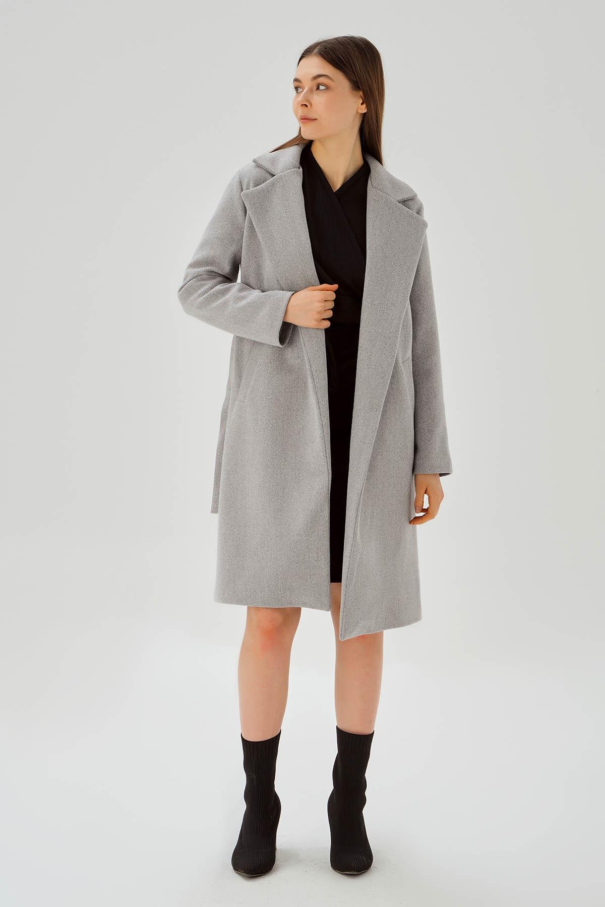 7218A Belden Bağlamalı Kaşe Kaban Gri - 2