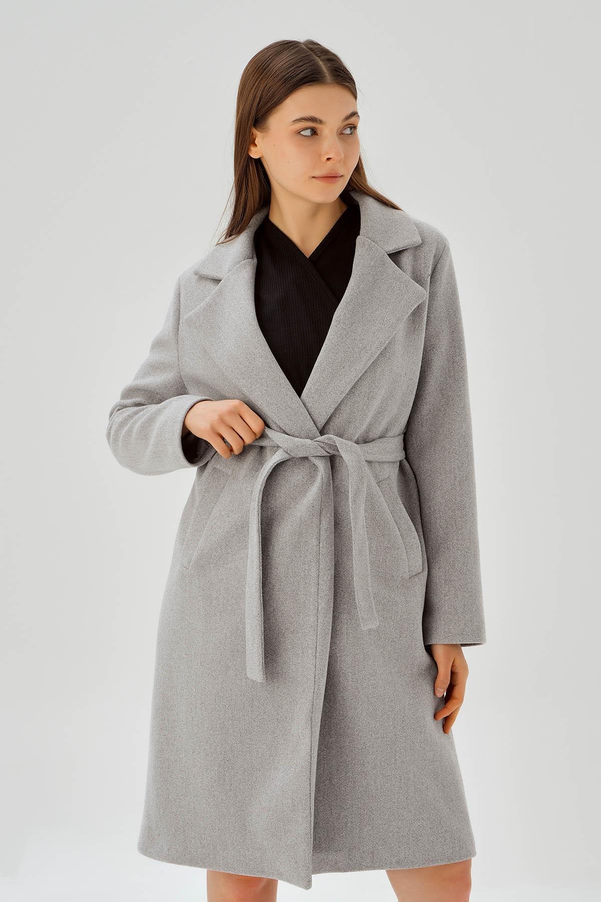 7218A Belden Bağlamalı Kaşe Kaban Gri - 4