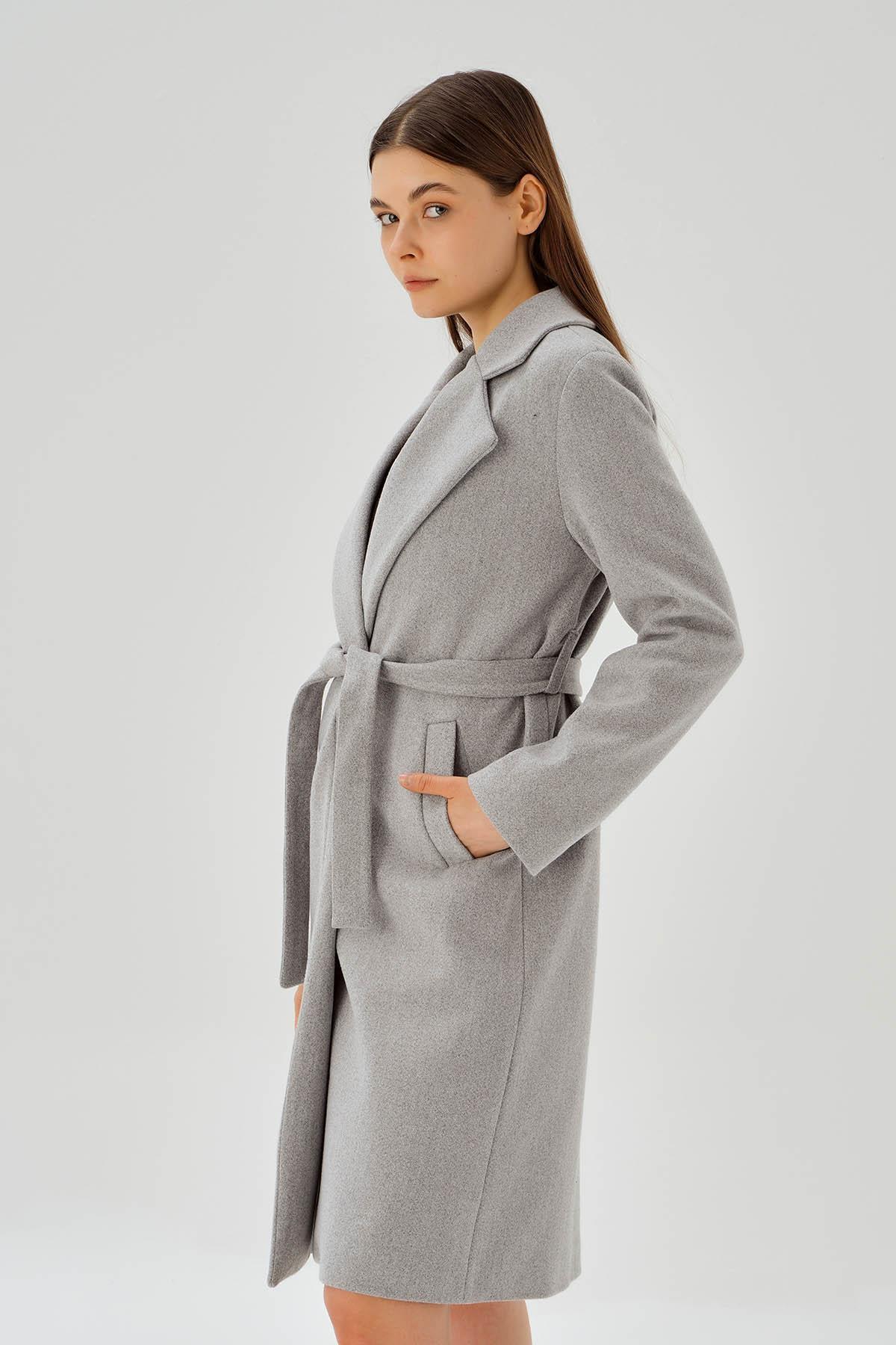 Gri Belden Bağlamalı Kaşe Kaban 7218A - 3