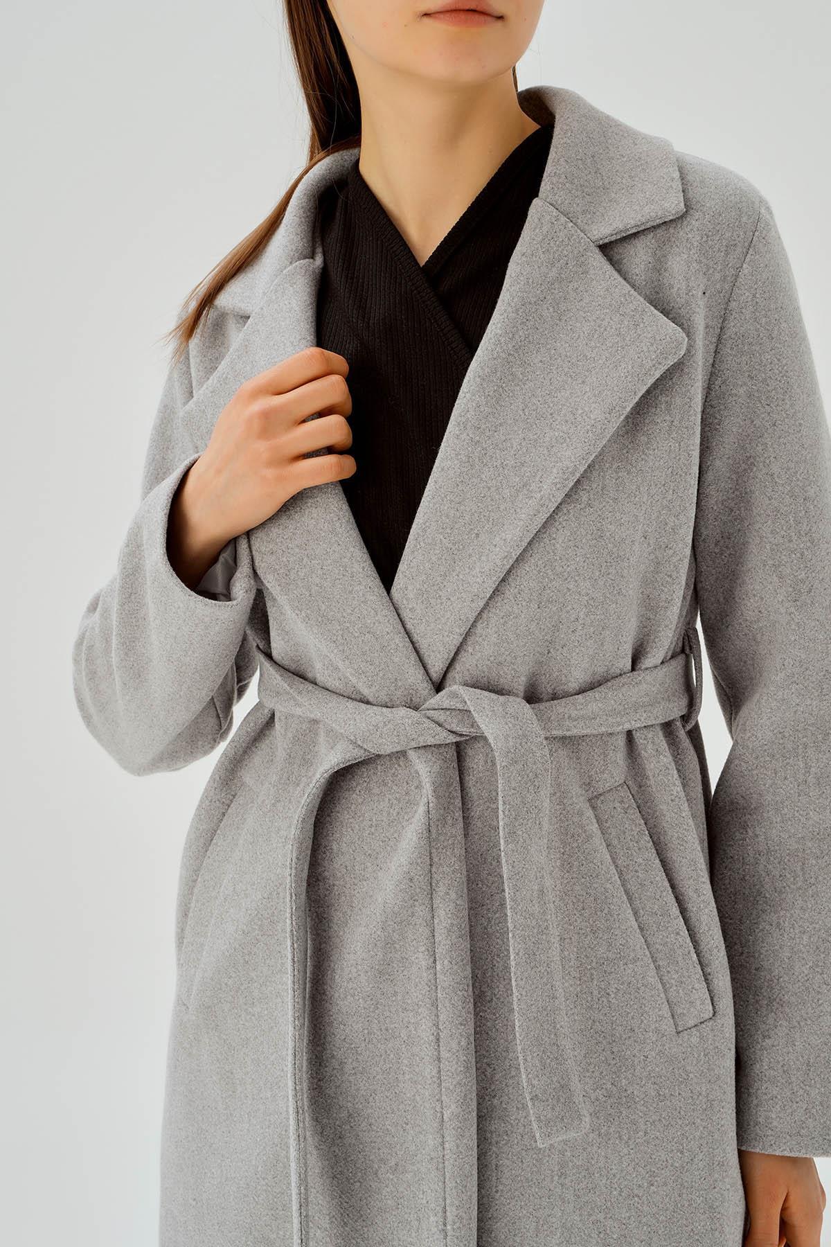 Gri Belden Bağlamalı Kaşe Kaban 7218A - 6