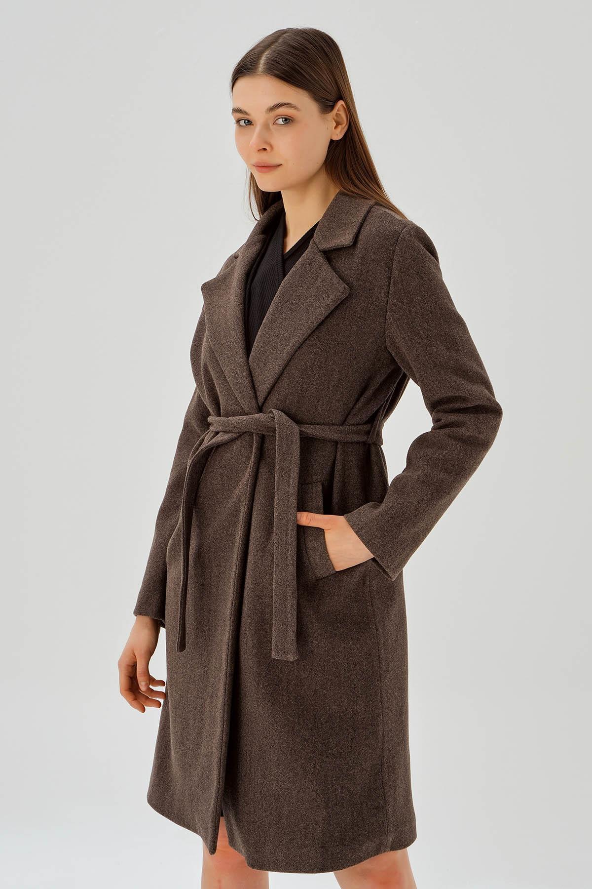 Kahve Belden Bağlamalı Kaşe Kaban 7218A 