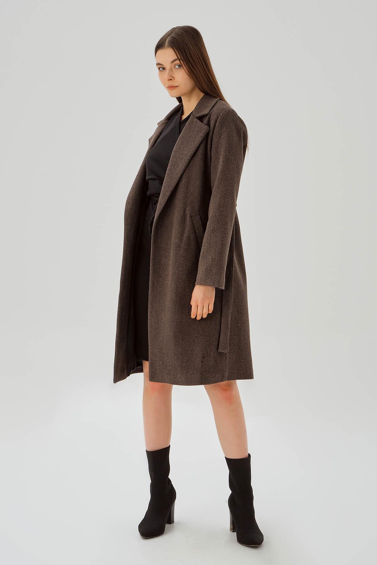 Kahve Belden Bağlamalı Kaşe Kaban 7218A - 2