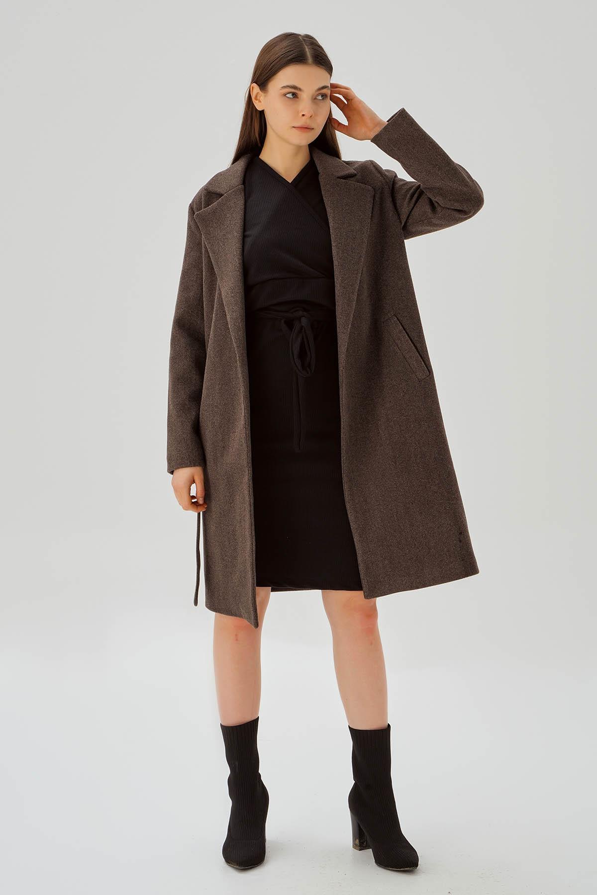 Kahve Belden Bağlamalı Kaşe Kaban 7218A - 3