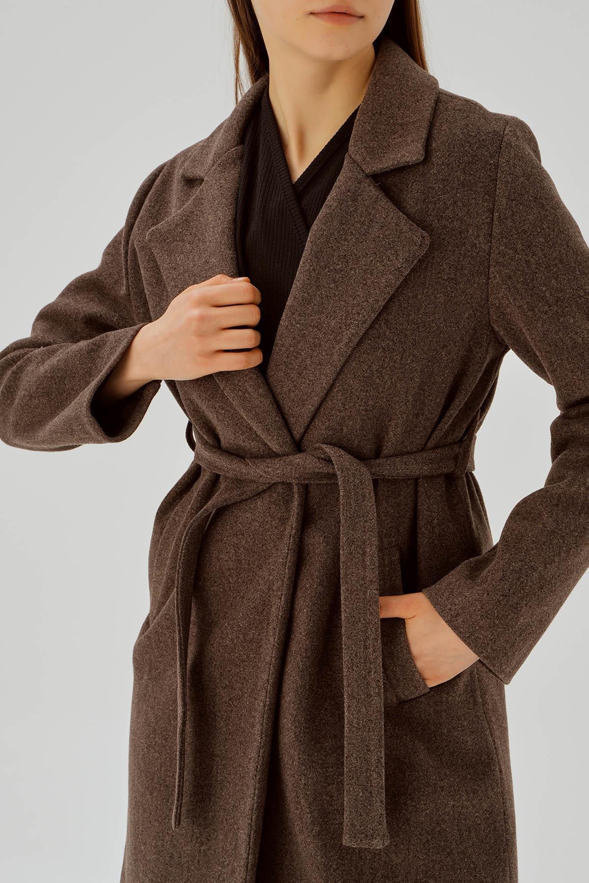 Kahve Belden Bağlamalı Kaşe Kaban 7218A - 6