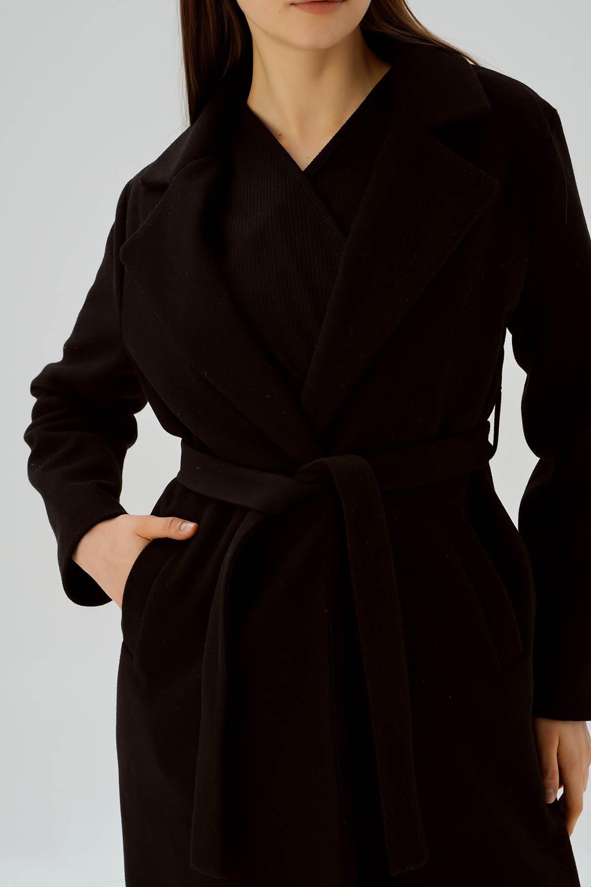 7218A Belden Bağlamalı Kaşe Kaban Siyah - 5