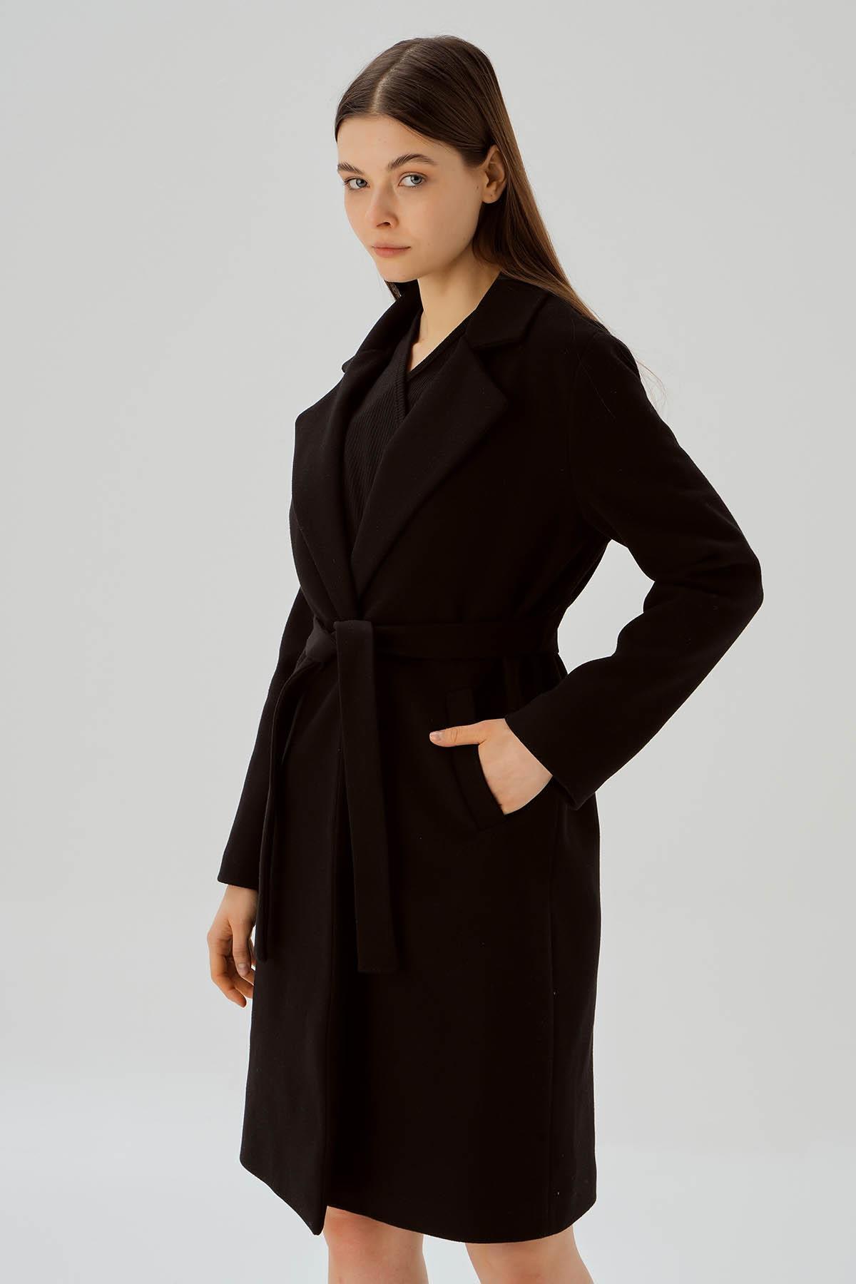 7218A Belden Bağlamalı Kaşe Kaban Siyah 