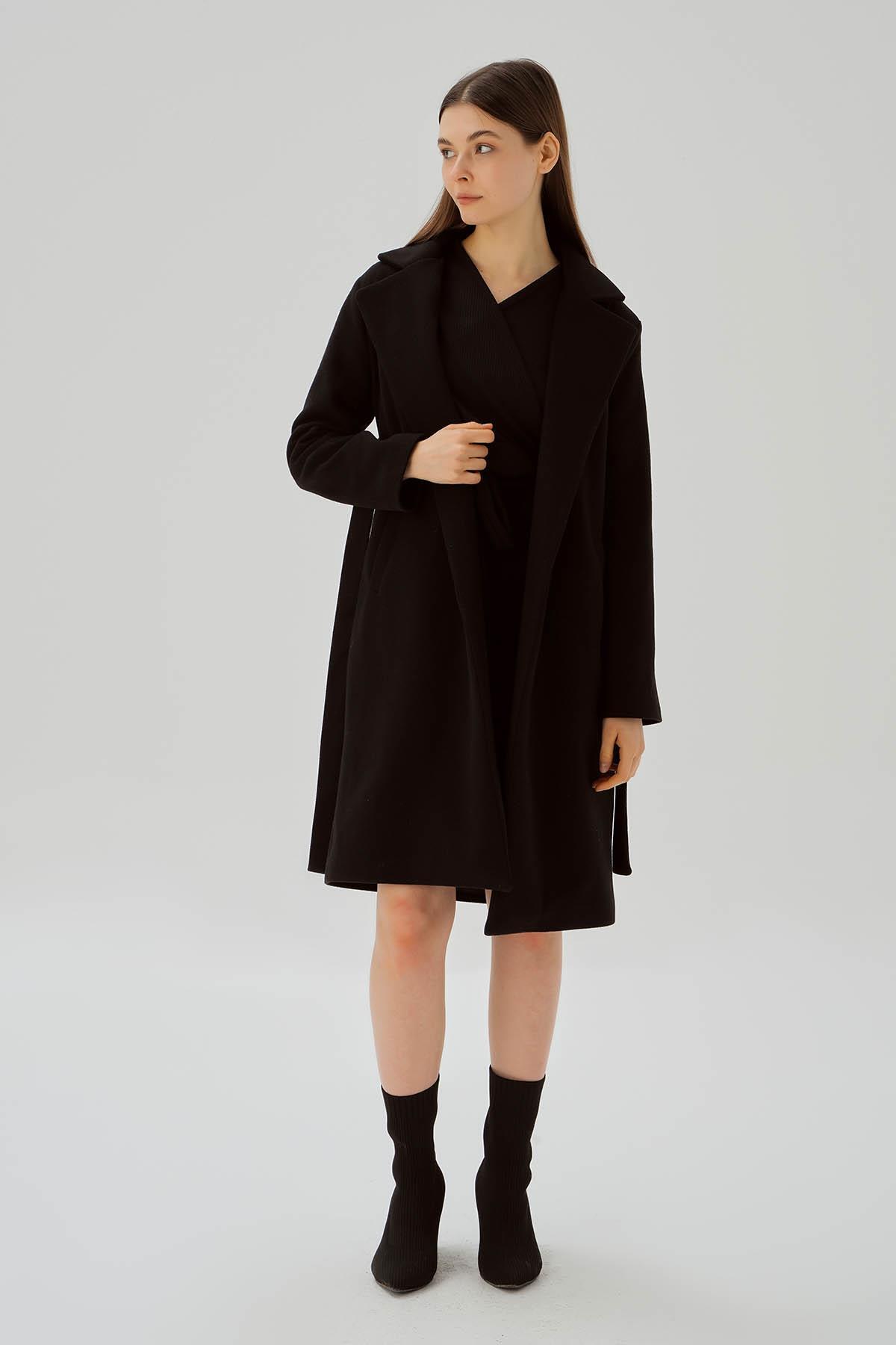 Siyah Belden Bağlamalı Kaşe Kaban 7218A - 2