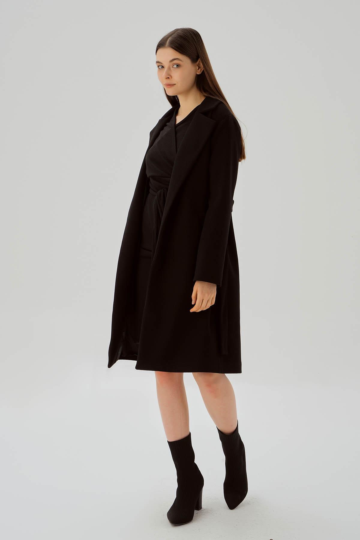 Siyah Belden Bağlamalı Kaşe Kaban 7218A - 3