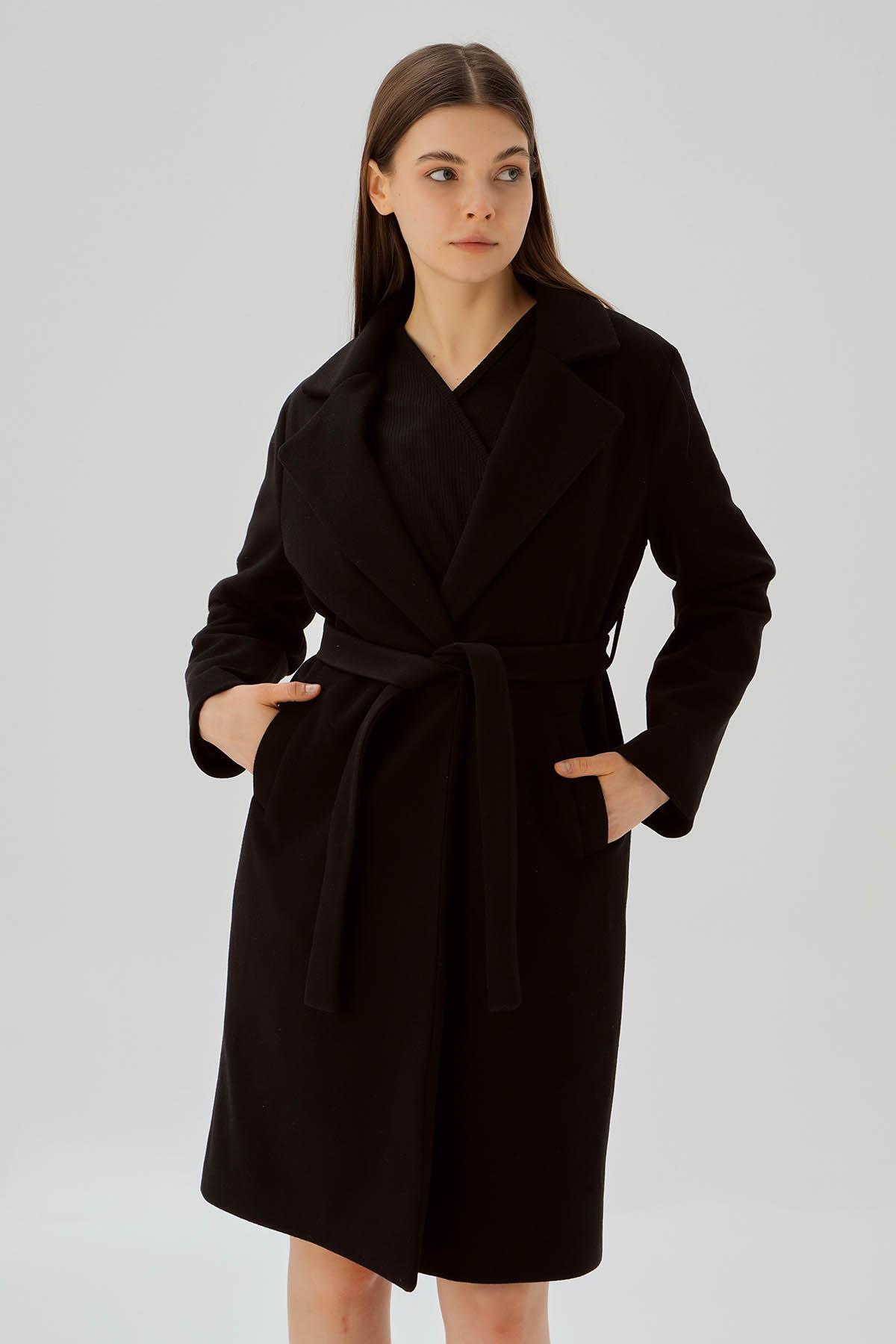 Siyah Belden Bağlamalı Kaşe Kaban 7218A - 4