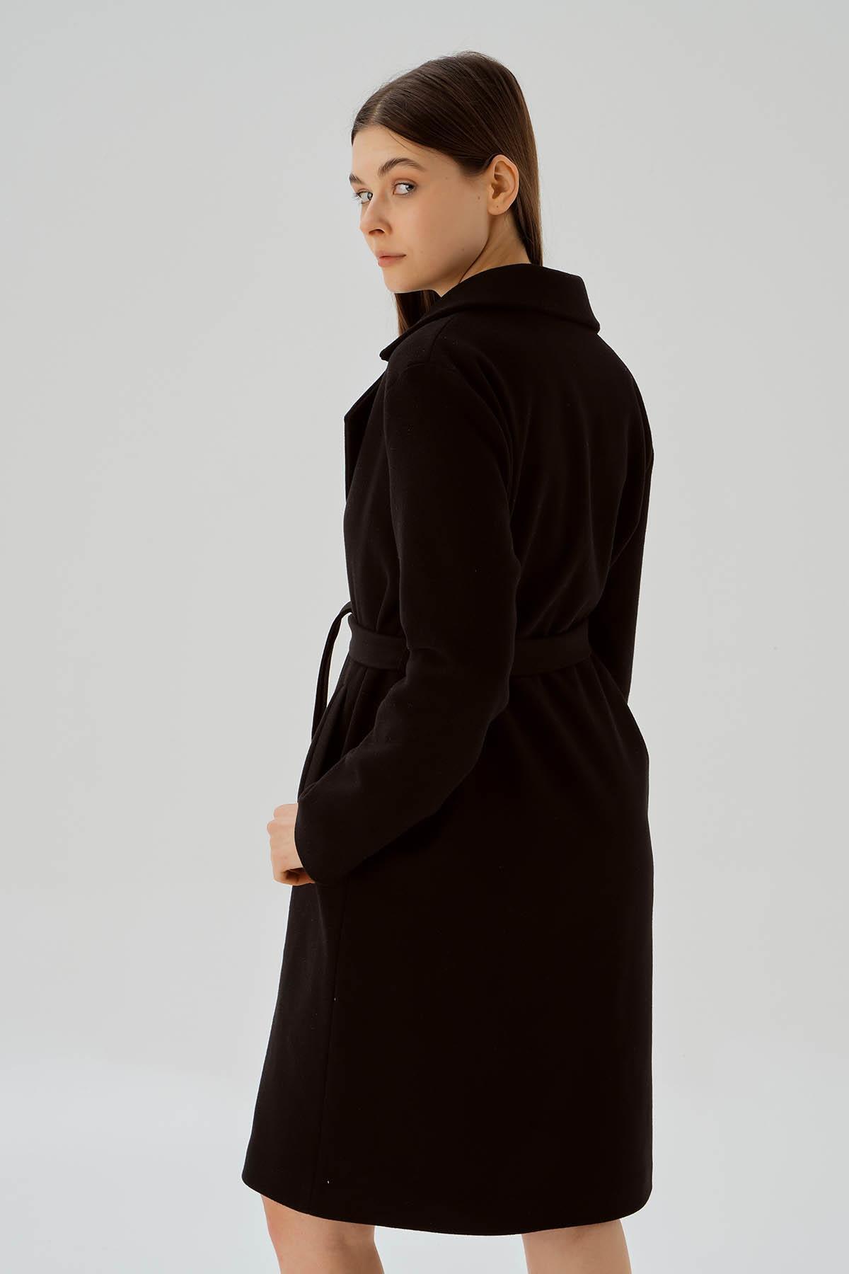 Siyah Belden Bağlamalı Kaşe Kaban 7218A - 6