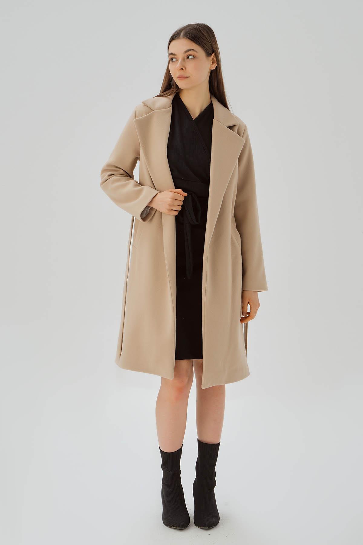 7218A Belden Bağlamalı Kaşe Kaban Vizon - 2