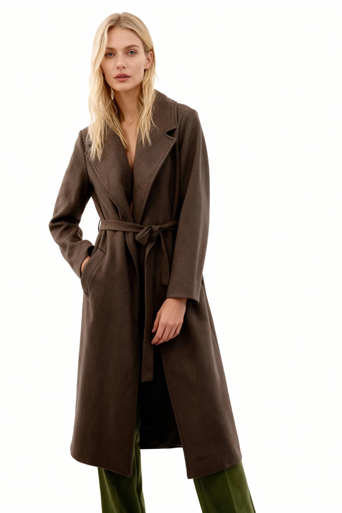 7242A Bel Bağlamalı Uzun Astarlı Kaban Acı Kahve - RAYS