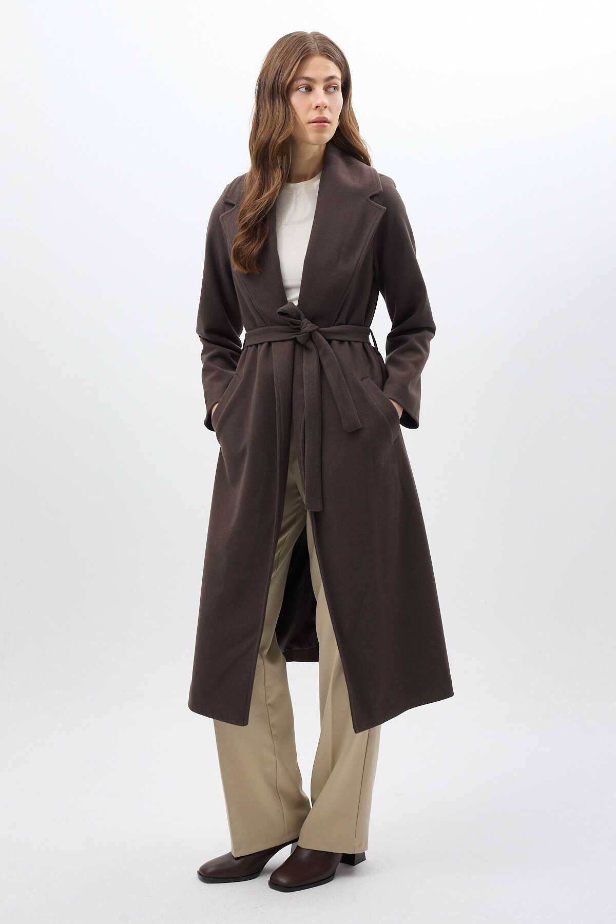 Acı Kahve Kuşaklı Uzun Astarlı Kadın Kaban 7242A - 2