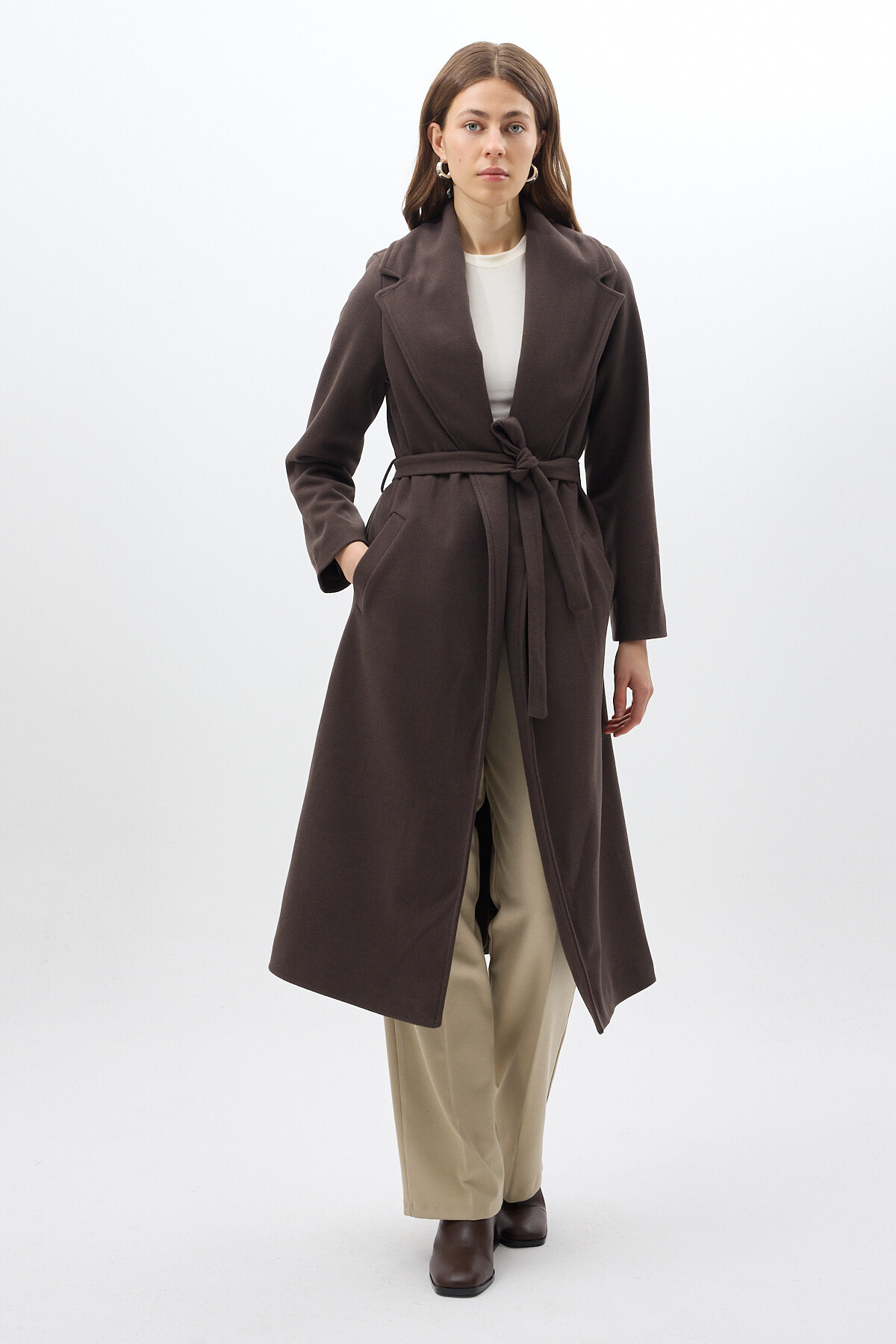 Acı Kahve Kuşaklı Uzun Astarlı Kadın Kaban 7242A - 5