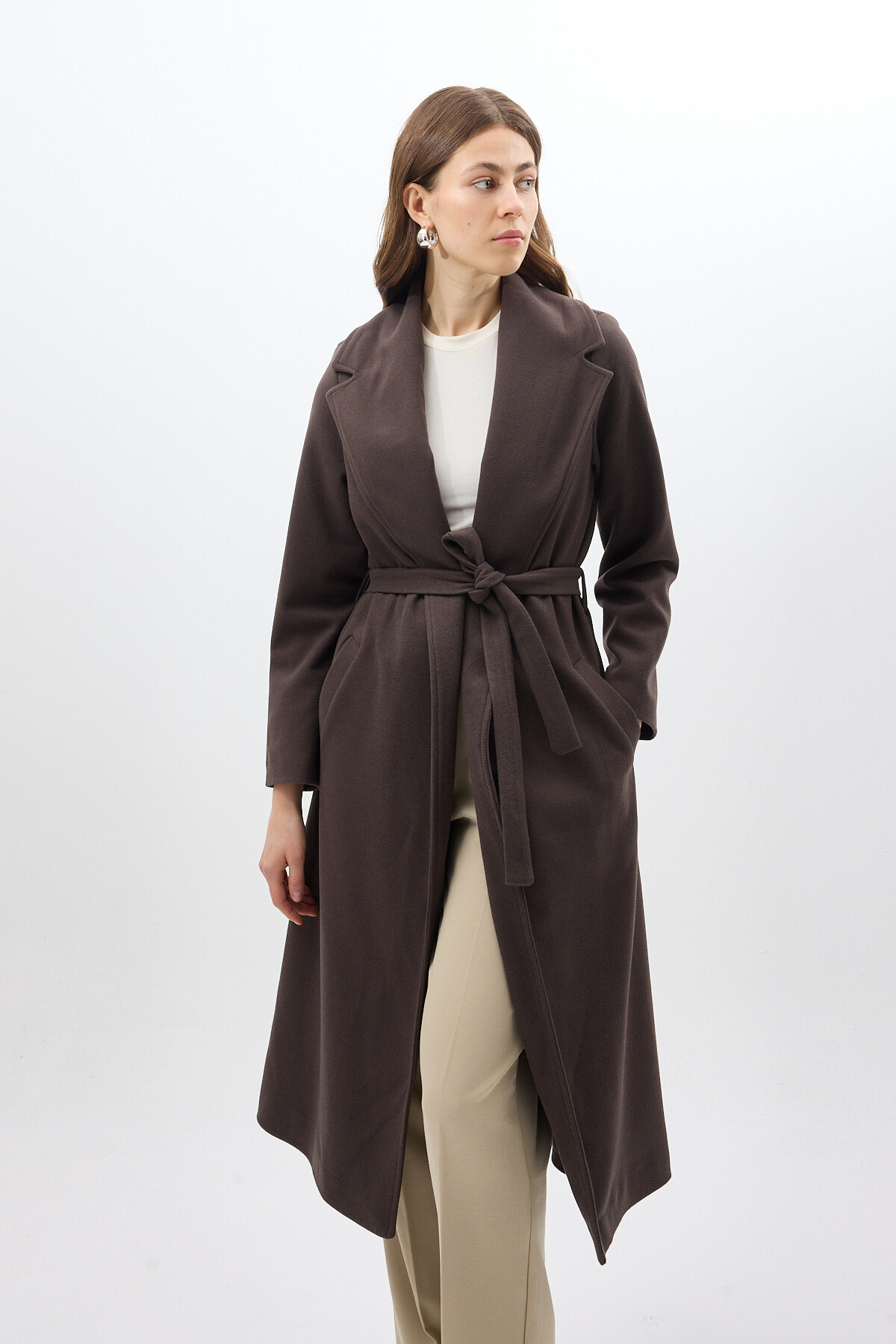 Acı Kahve Kuşaklı Uzun Astarlı Kadın Kaban 7242A - 6