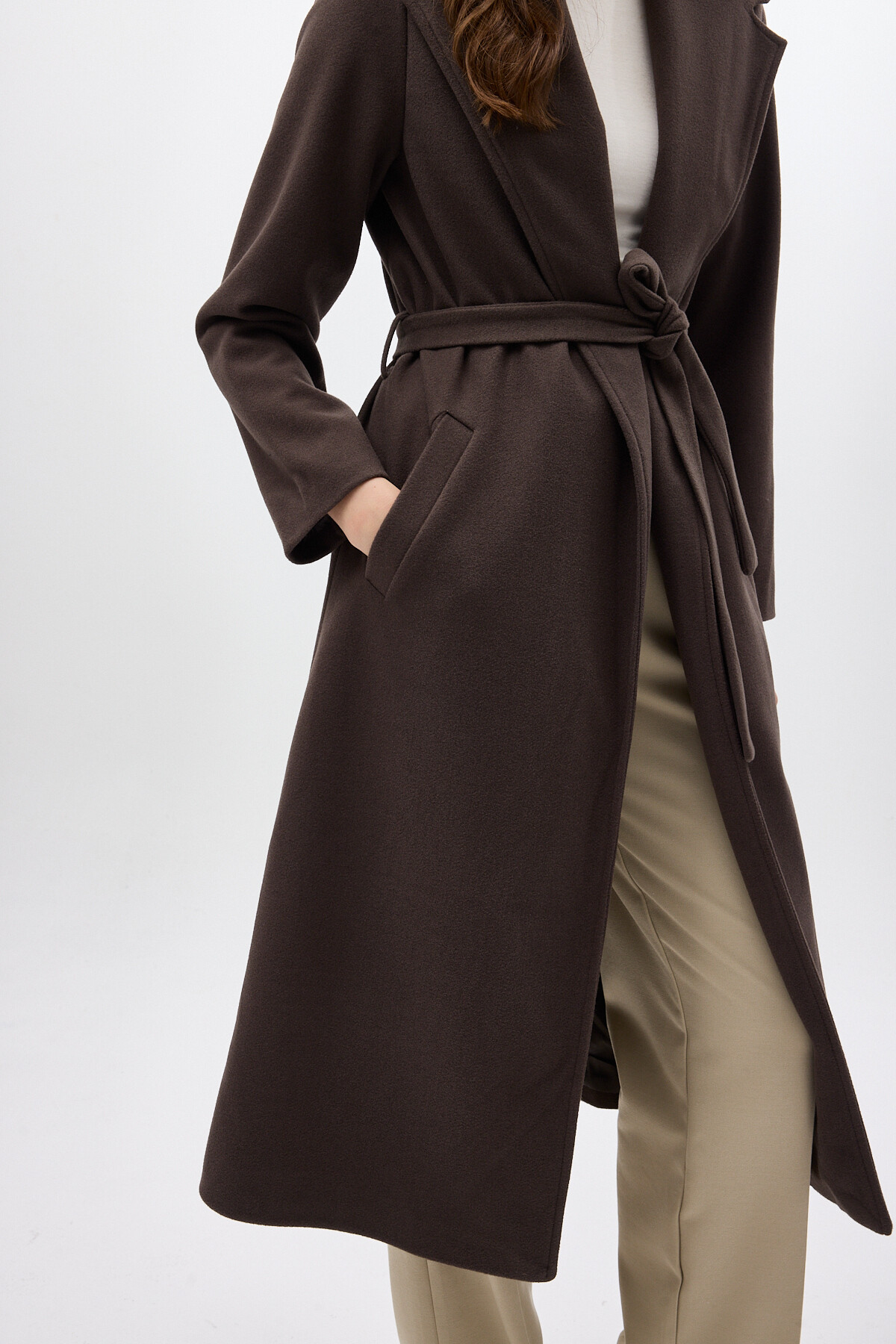 Acı Kahve Kuşaklı Uzun Astarlı Kadın Kaban 7242A - RAYS