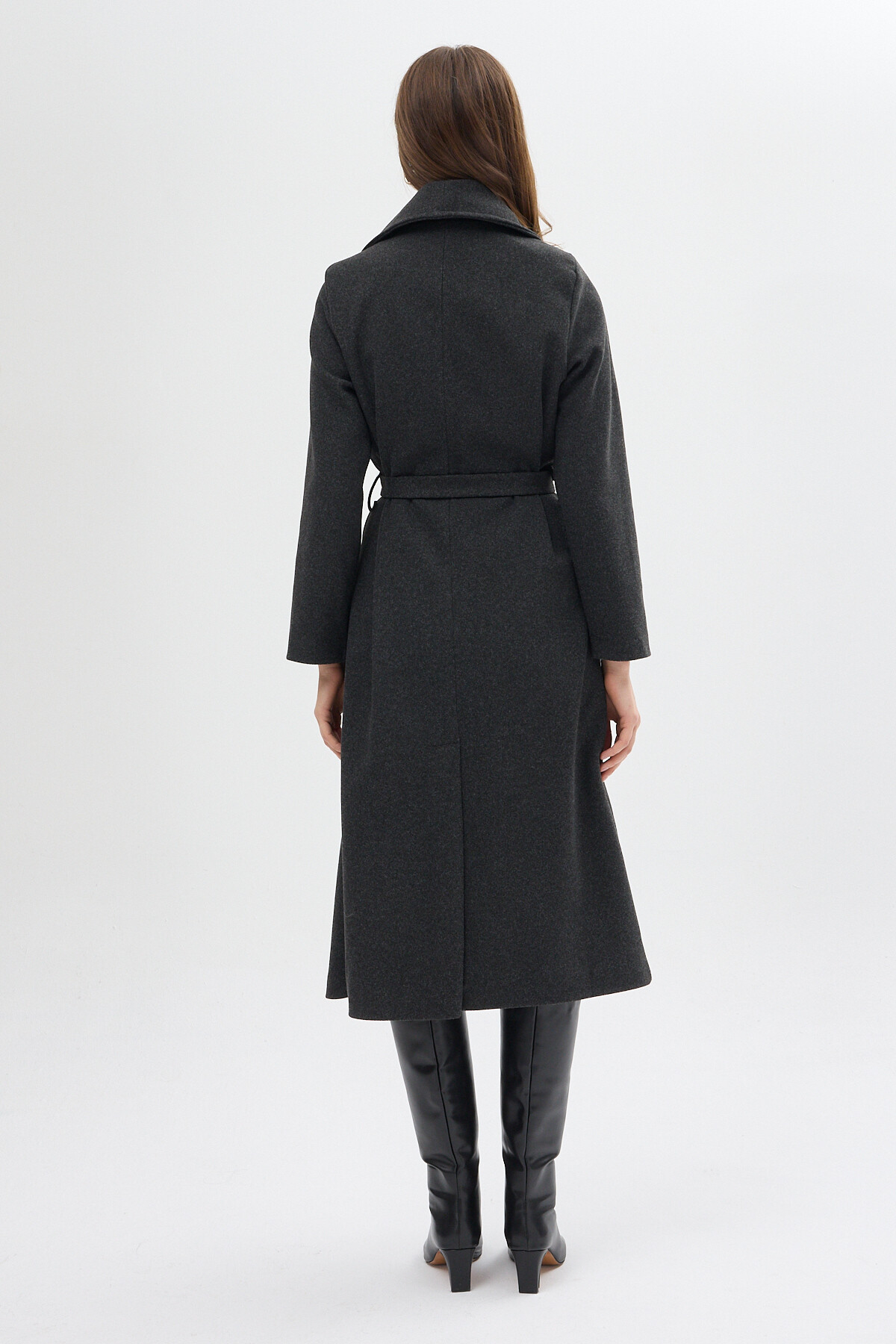 Antrasit Kuşaklı Uzun Astarlı Kadın Kaban 7242A - 5