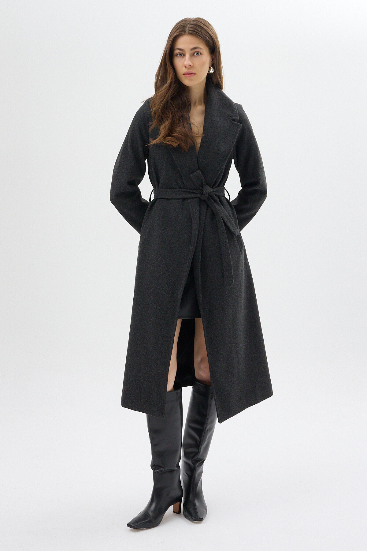 Antrasit Kuşaklı Uzun Astarlı Kadın Kaban 7242A - 6