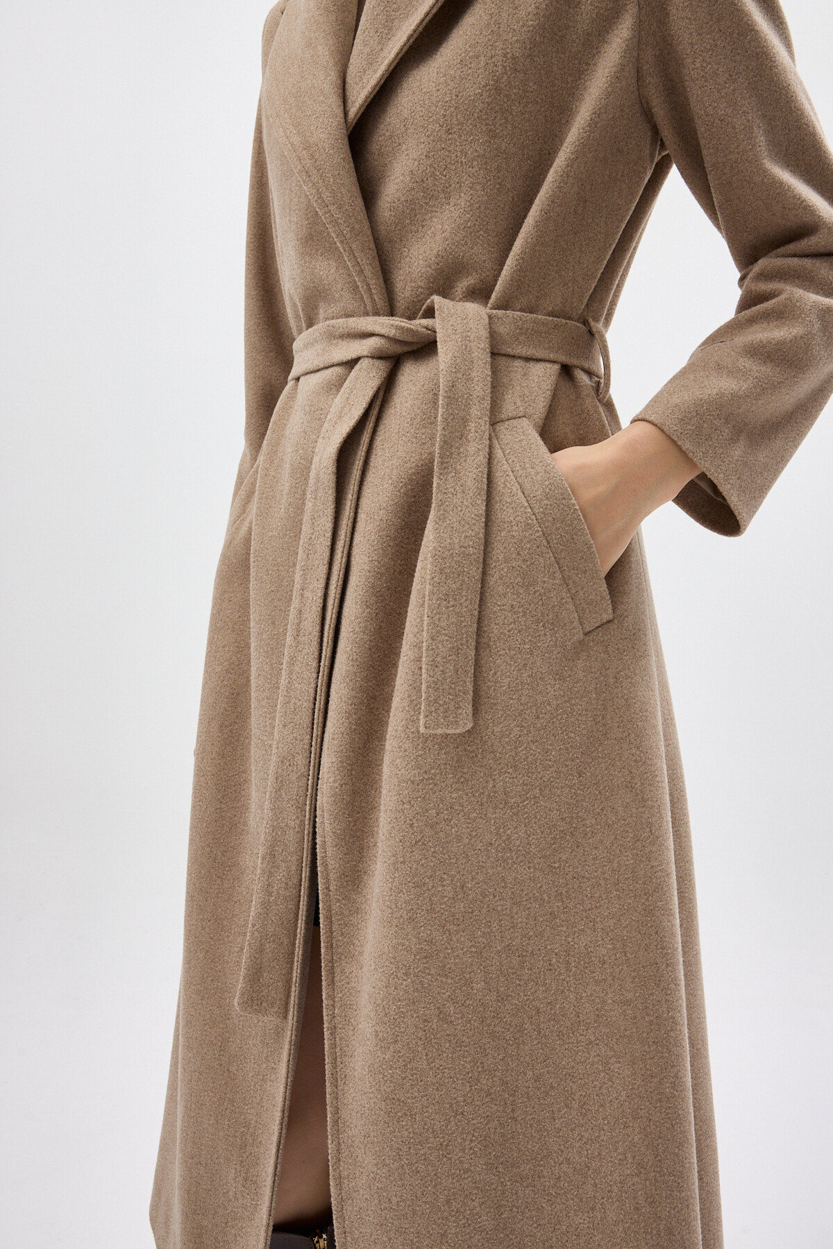 Bej Kuşaklı Uzun Astarlı Şal Yaka Kadın Kaban 7242A - 4