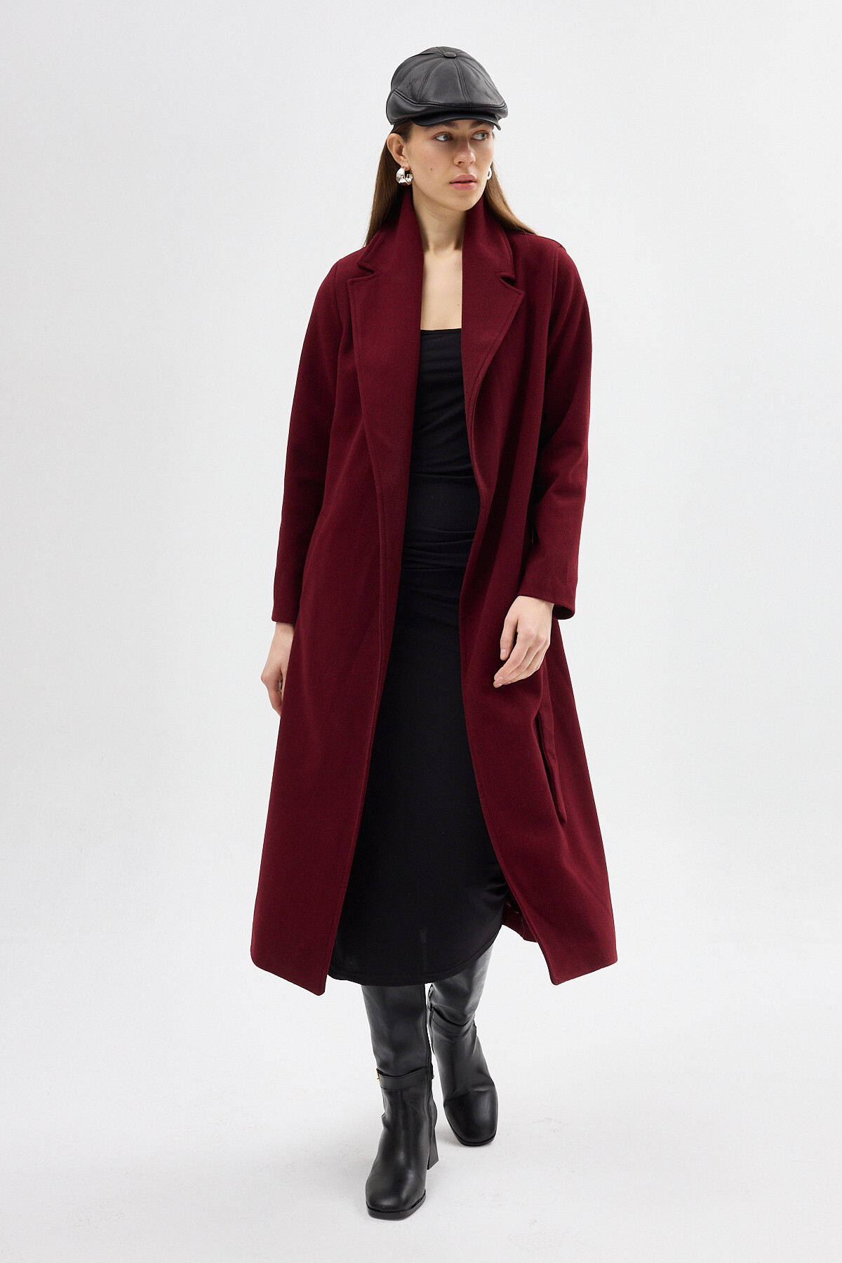 Bordo Kuşaklı Uzun Astarlı Kadın Kaban 7242A - 1