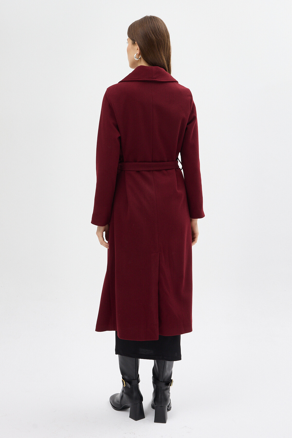 Bordo Kuşaklı Uzun Astarlı Kadın Kaban 7242A - 5