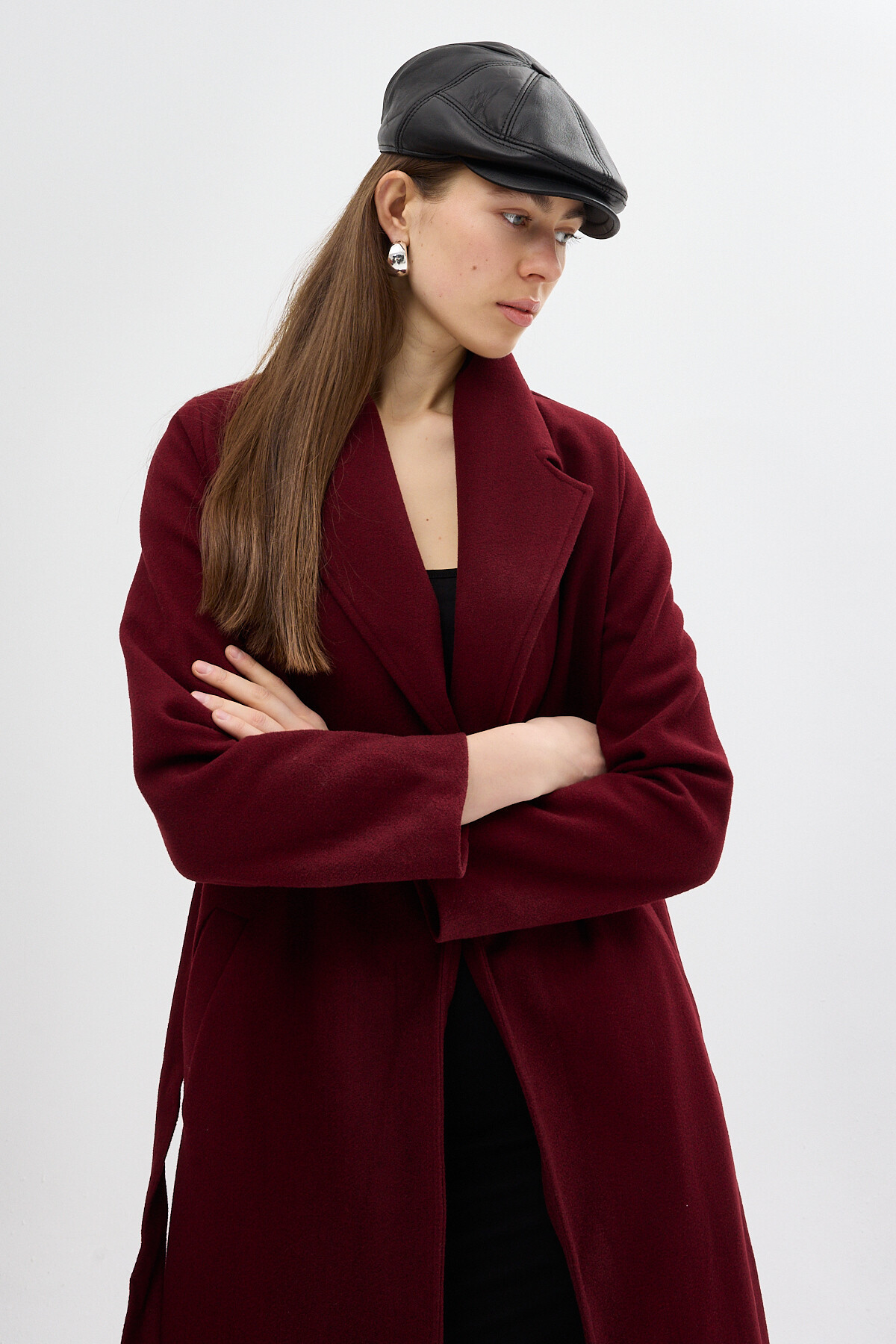 Bordo Kuşaklı Uzun Astarlı Kadın Kaban 7242A - 7