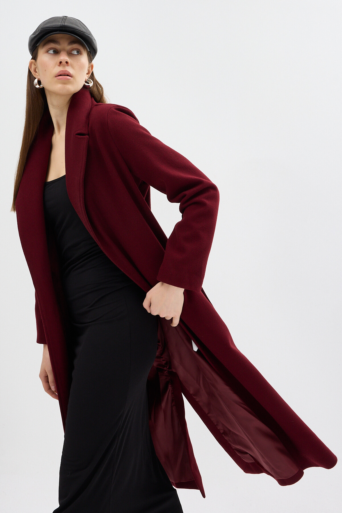 Bordo Kuşaklı Uzun Astarlı Kadın Kaban 7242A - RAYS