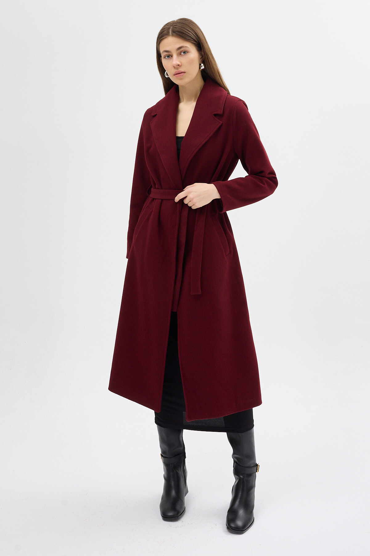 Bordo Kuşaklı Uzun Astarlı Kadın Kaban 7242A - 3